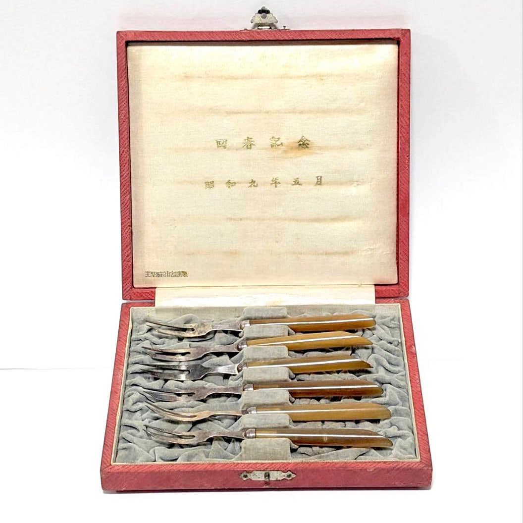 Showa 9 (1934) Pure Silver Dessert Fork Set of 6 with Box, Silverware (1 of 10)