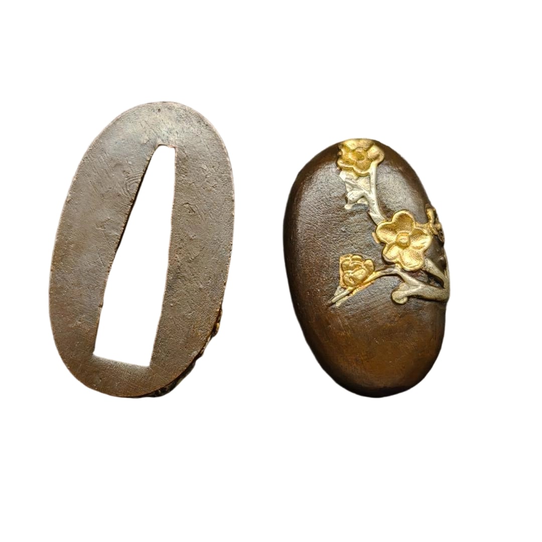 Cherry Blossom Pattern Tsuba (Sword Fitting), Copper Base with Gold and Silver Plating: Cherry Blossom Pattern Tsuba (Sword Fitting), Gilt and Silver-Plated Copper Base