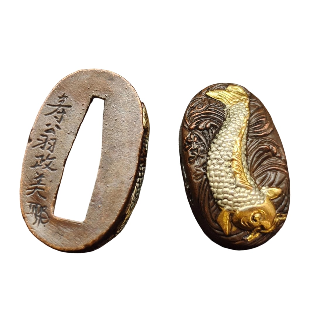 Koi Fish Pattern Tsuba (Sword Fitting), Copper Base, Gilded and Silver-Plated: A sword fitting with a carp motif, copper base, gilded and silver-plated.
