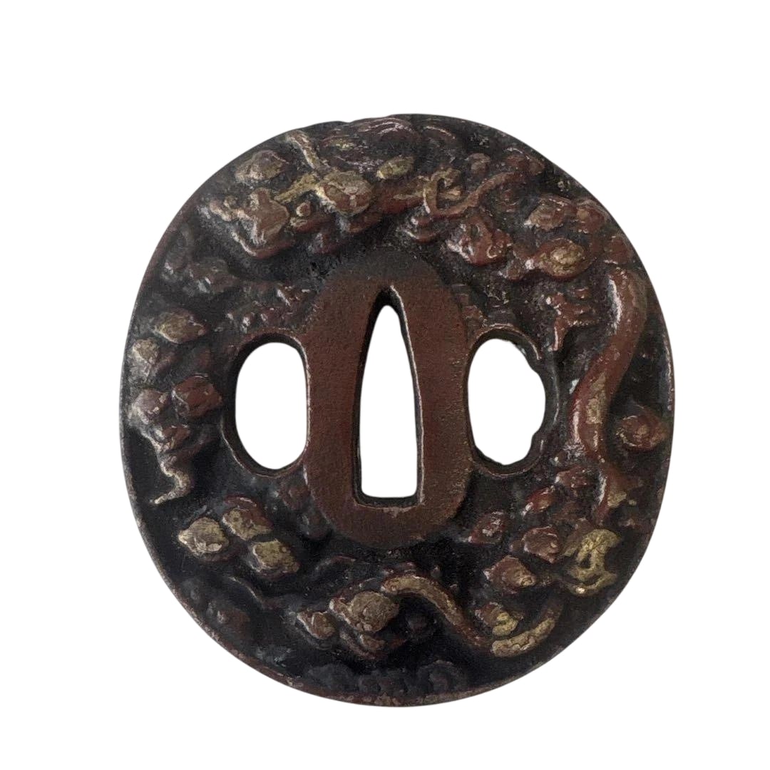 Iron Tsuba with Dragon and Cloud Motif, 121 grams: Iron Tsuba with Dragon and Cloud Motif, 121 grams
