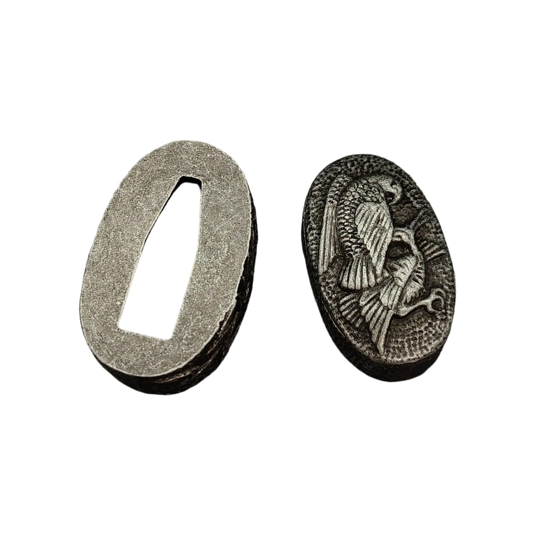 Fuchi Japanese Sword Fittings "Eagle Hunting Scene" Alloy: Fuchi: Japanese Sword Fittings, "Eagle Hunting Scene," Alloy Construction
