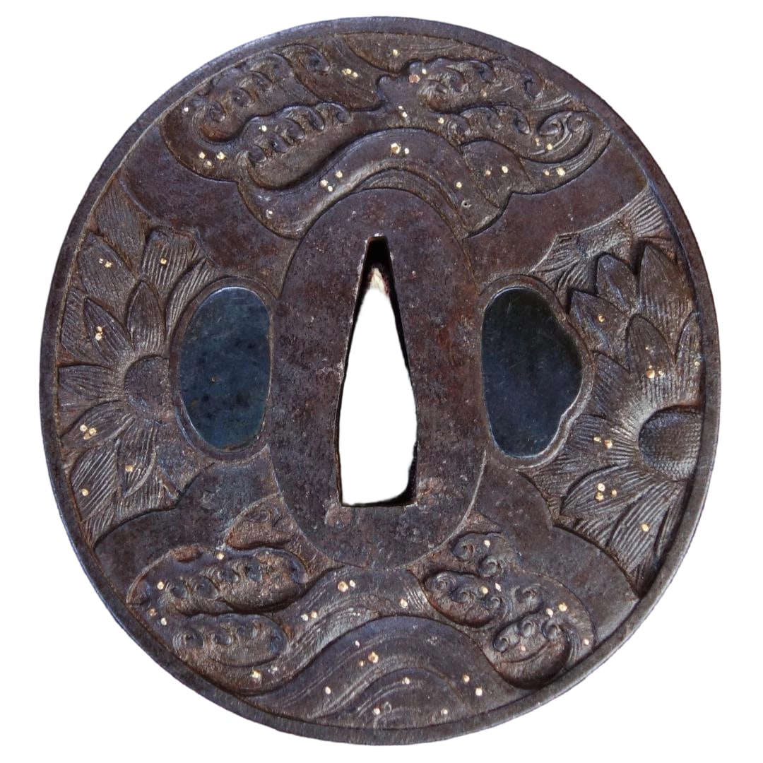Chrysanthemum and Waves Design Tsuba with Gold, Silver, and Copper Inlay (Accompanied by Tsuba Box) (1 of 20)