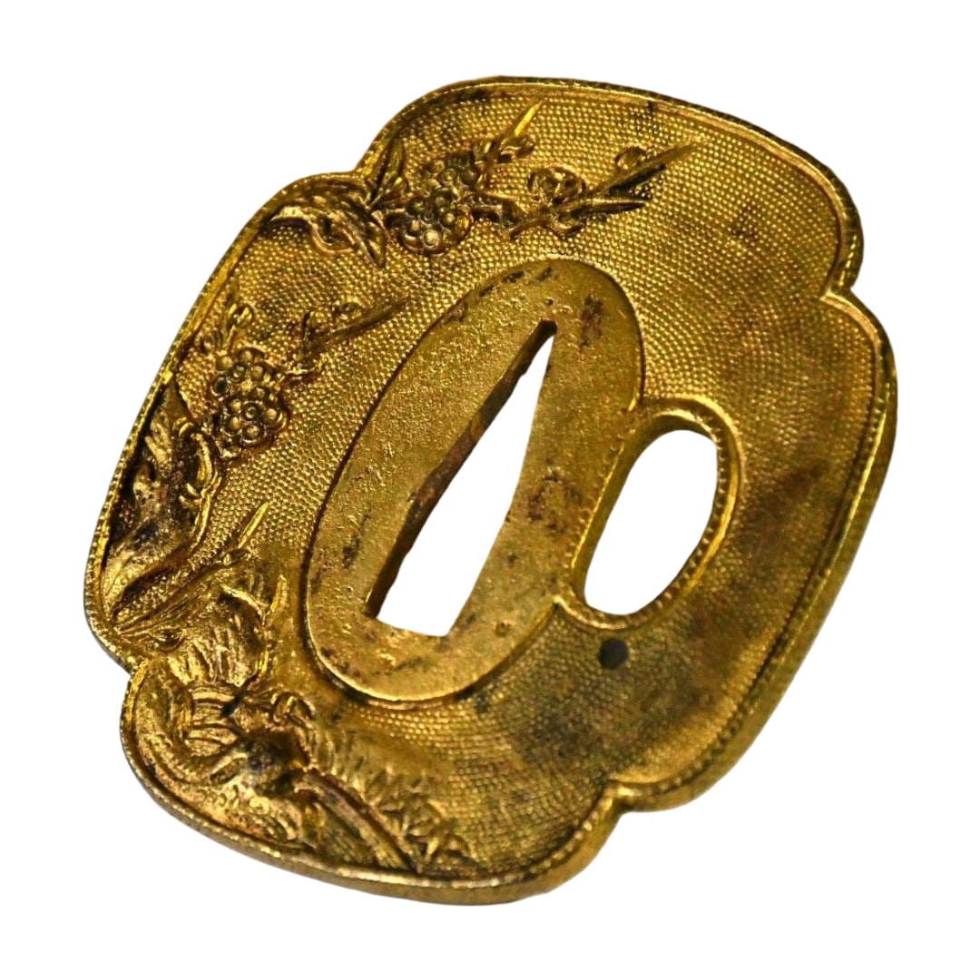 Tsuba with Design of Trees and Long-tailed Bird, Unsigned: Form: Quatrefoil Shape Pattern: Flower and Bird Design Height: 6.8 cm Width: 5.9 cm Thickness: 0.4 cm