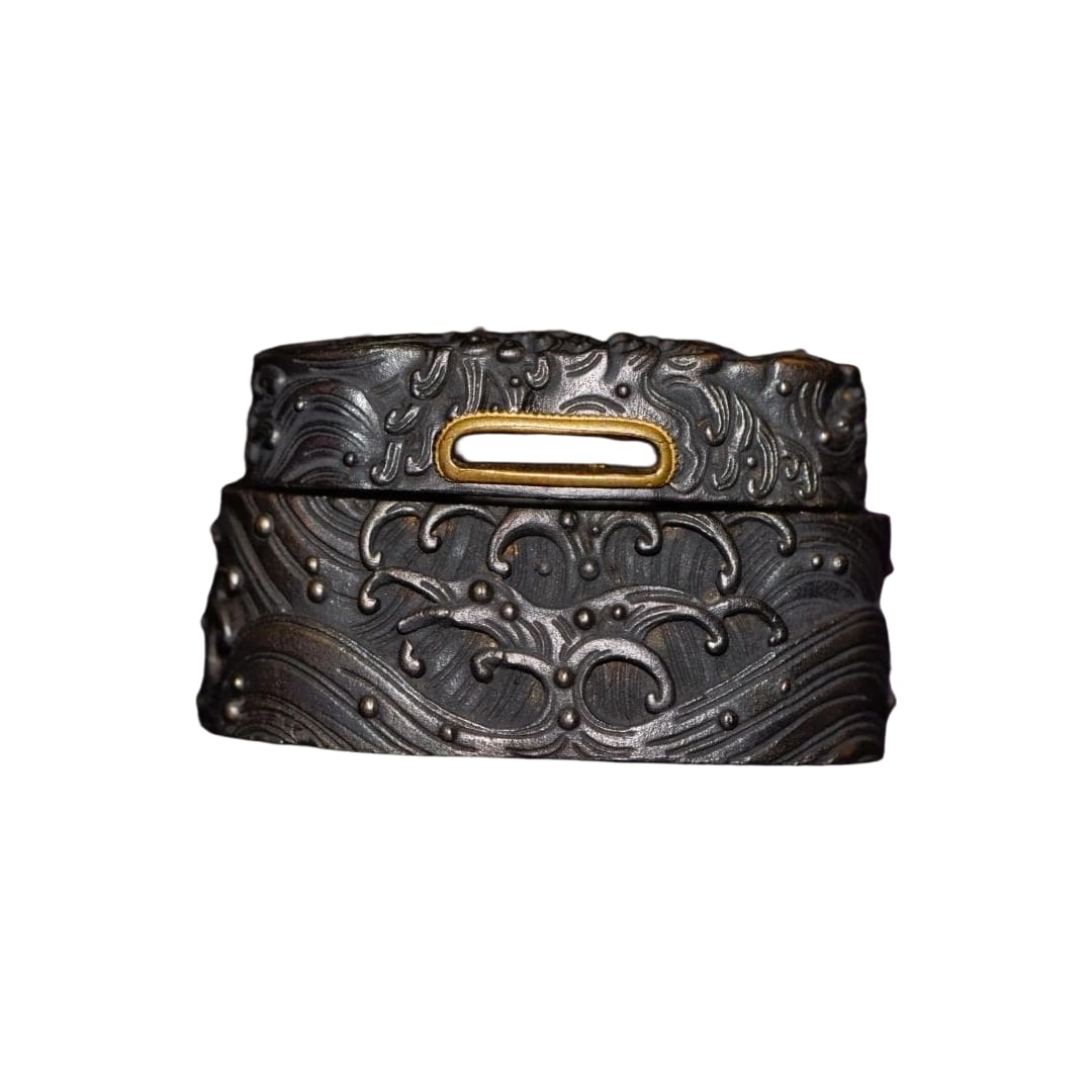 Copper Ground High Relief Wave Pattern Fittings for Sword Mountings: Copper Ground High Relief Wave Pattern Fuchi-Kashira for Sword Mounting 40.8mm x 24.3mm x 14.3mm