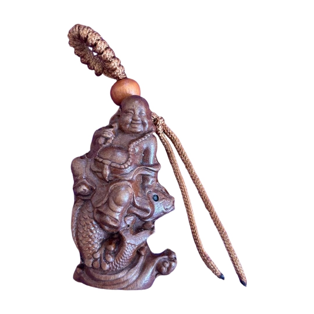 Netsuke: Hotei with Carp, Auspicious Object, Natural Material (1 of 6)