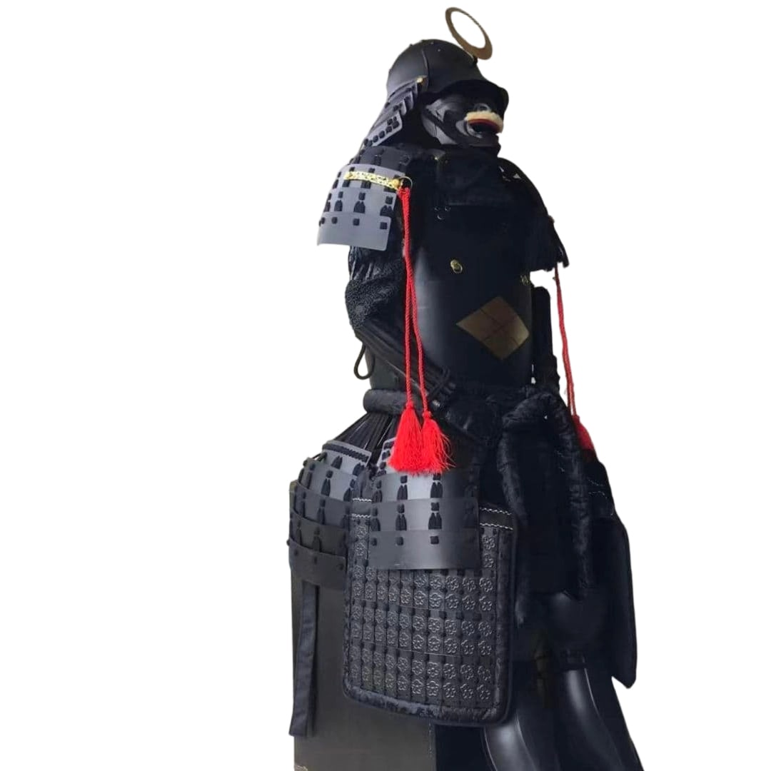 Life-sized armor set, wearable, Black Warrior, includes armor cabinet.: This is a life-sized suit of armor completed with a heavy black coating, intricately detailed and wearable. Condition: New Specifications: Wearable, life-sized Set Contents: Complete suit of armor (ar