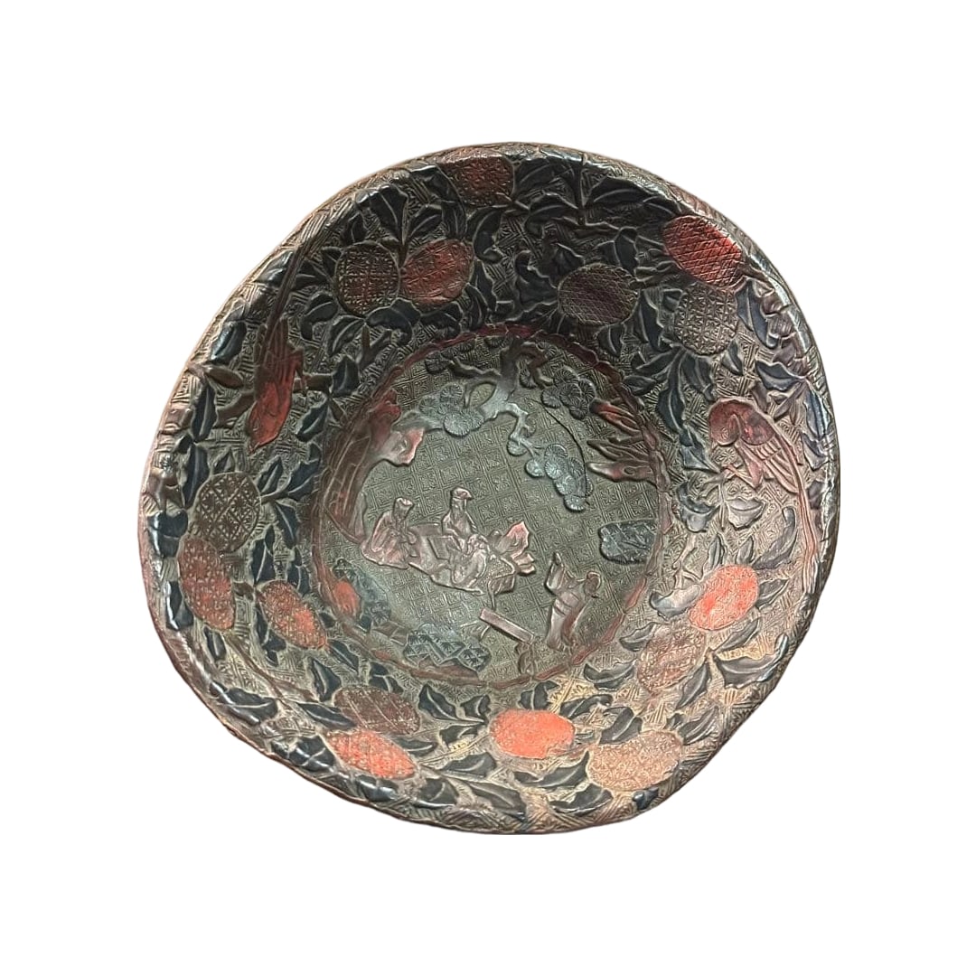 Ming Dynasty red lacquer carved tea bowl, height 11 cm.: Ming Dynasty Red Lacquer Carved Tea Bowl, Height: 11 cm, Length: approximately 18.5 cm