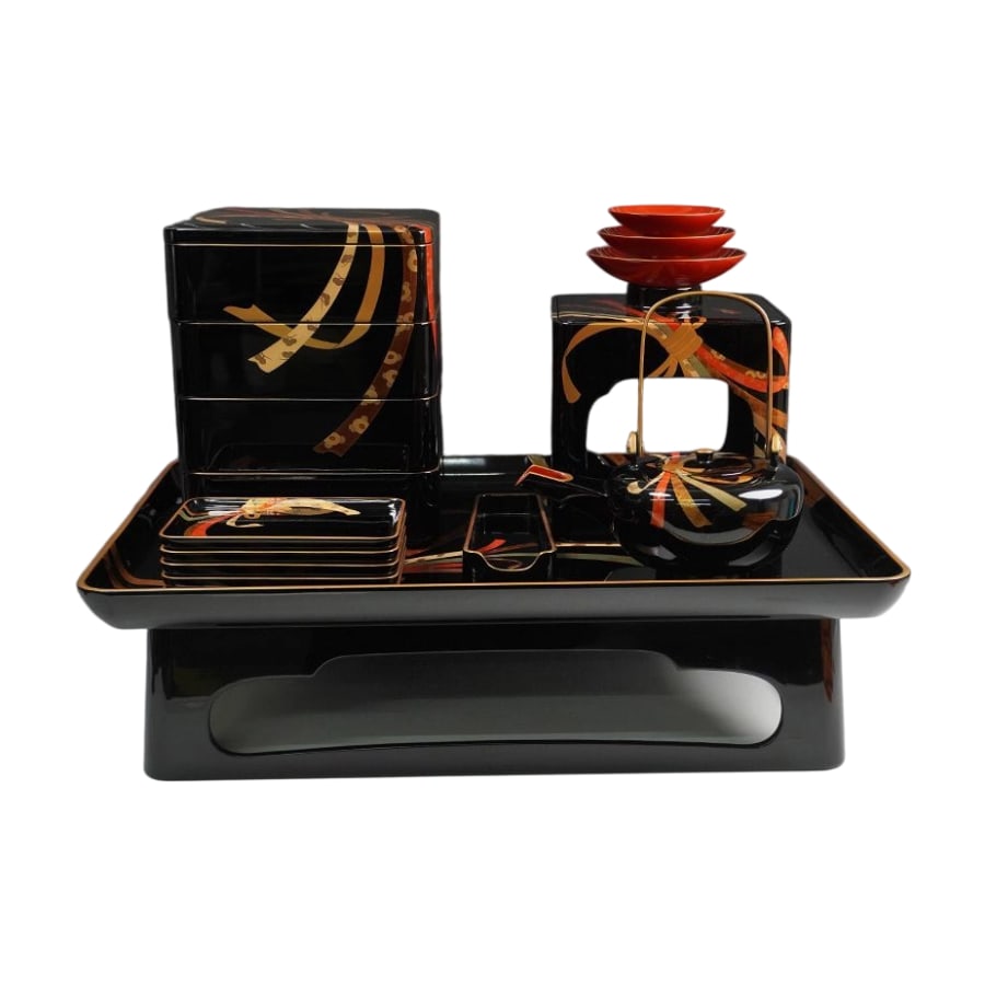 Wajima Lacquerware Floral Set (Seven-Piece Set). Adorned with motifs of pine trees, bamboo, plum (1 of 20)