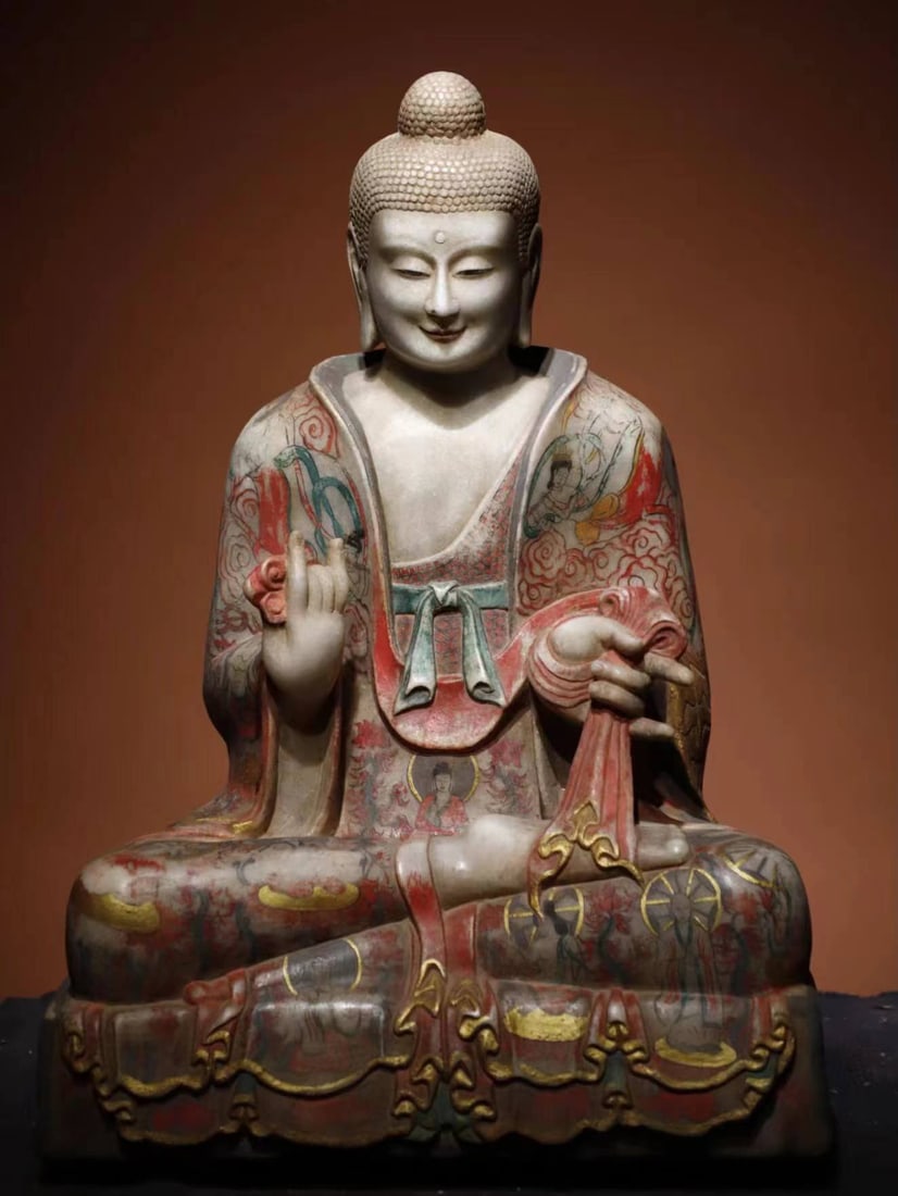 Marble Painted Buddha Statue - 2
