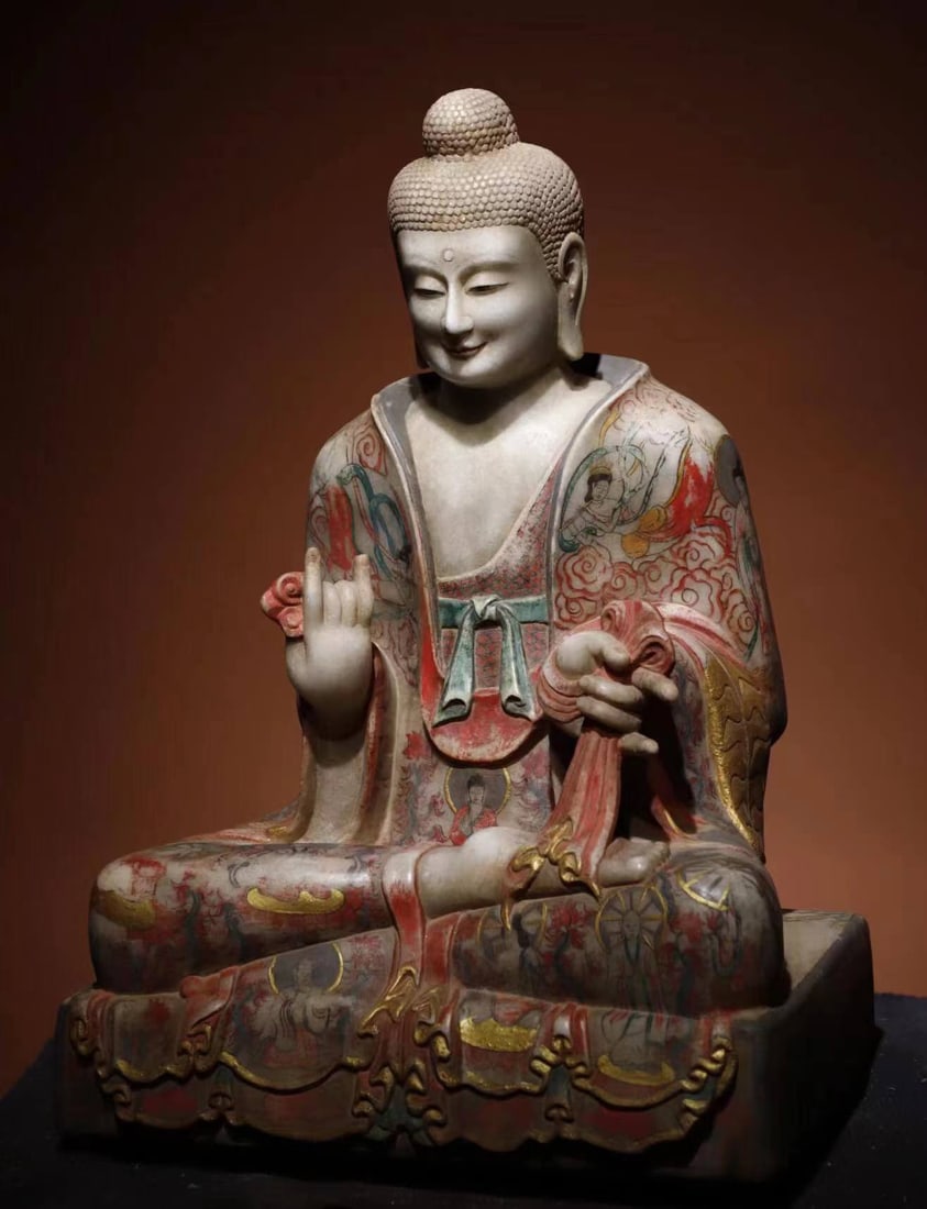 Marble Painted Buddha Statue - 6