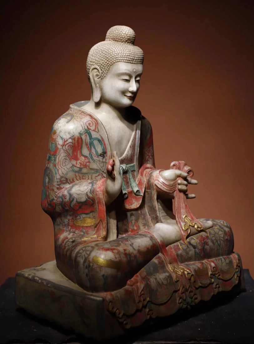 Marble Painted Buddha Statue - 8
