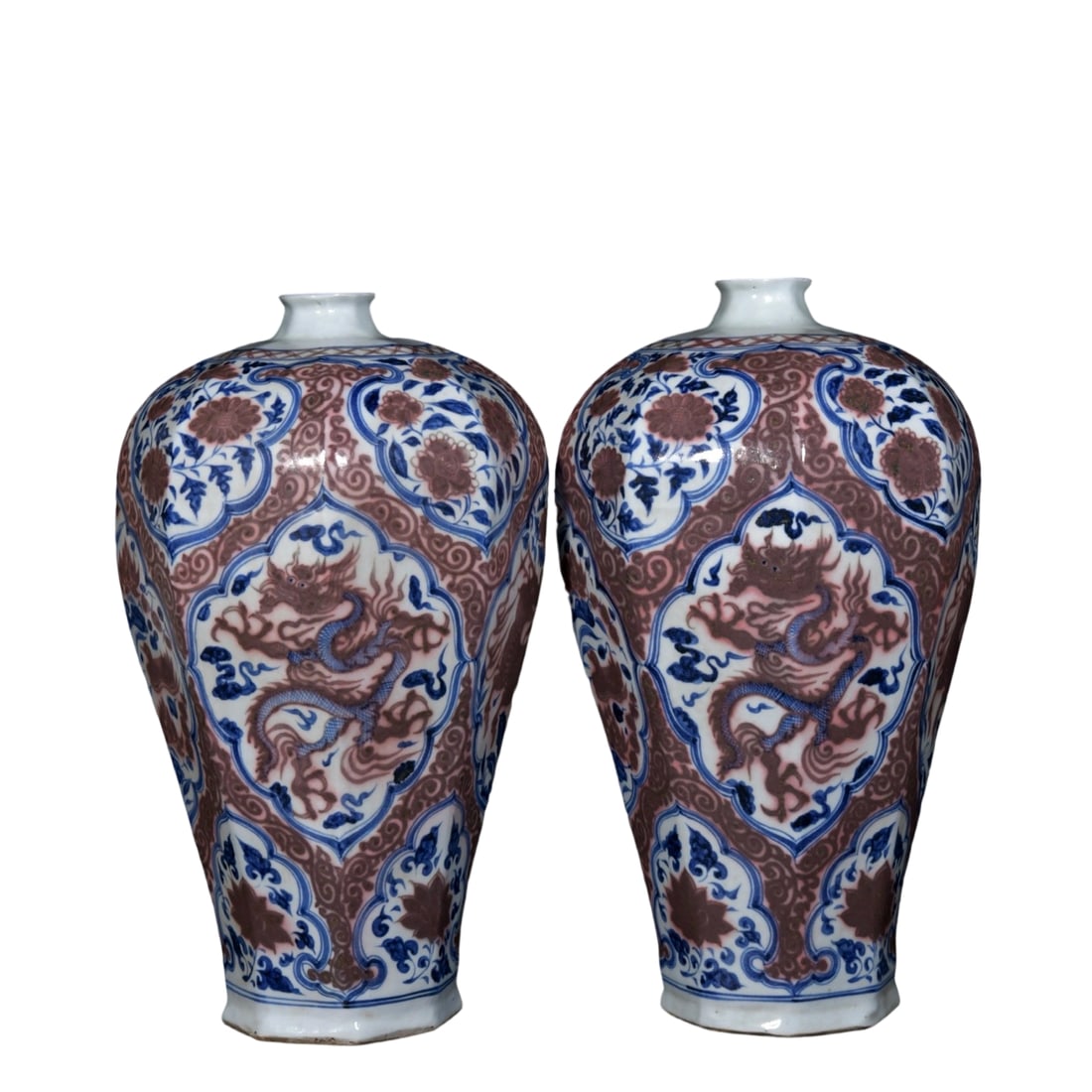 Yuan Dynasty Blue and White with Underglaze Red Dragon and Phoenix Octagonal Plum Vase (1 of 10)