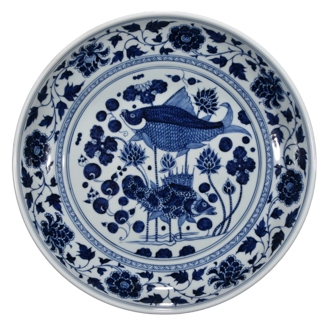 Yuan Dynasty Blue and White Fish and Algae Pattern Plate: This Yuan Dynasty blue and white plate with fish and algae patterns showcases the exceptional craftsmanship of ancient porcelain making. The plate features a fish and algae theme, with vivid patterns 
