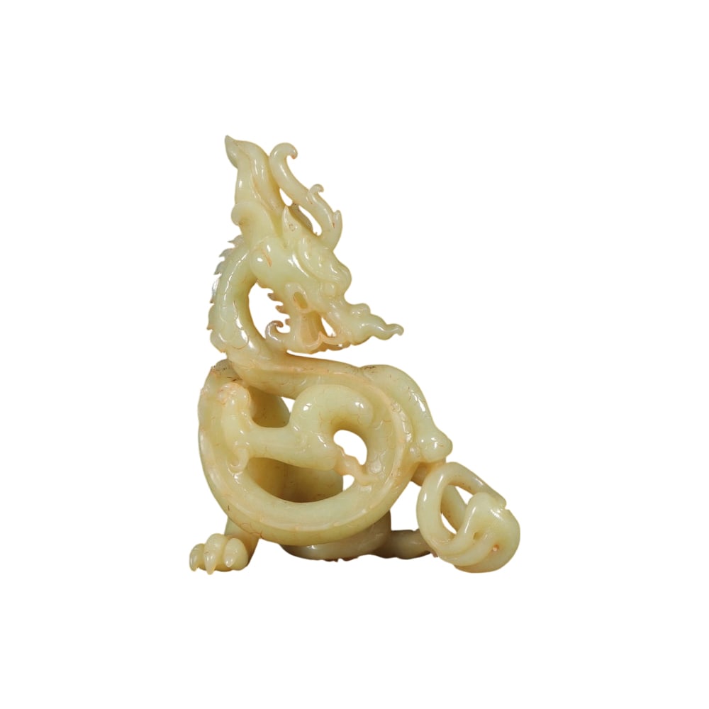 Hetian Jade High Relief Coiled Dragon: This Hetian jade high relief coiled dragon features a warm and delicate texture, with exquisite craftsmanship. The coiled dragon motif is vividly rendered, making it highly collectible. (Length 10.2
