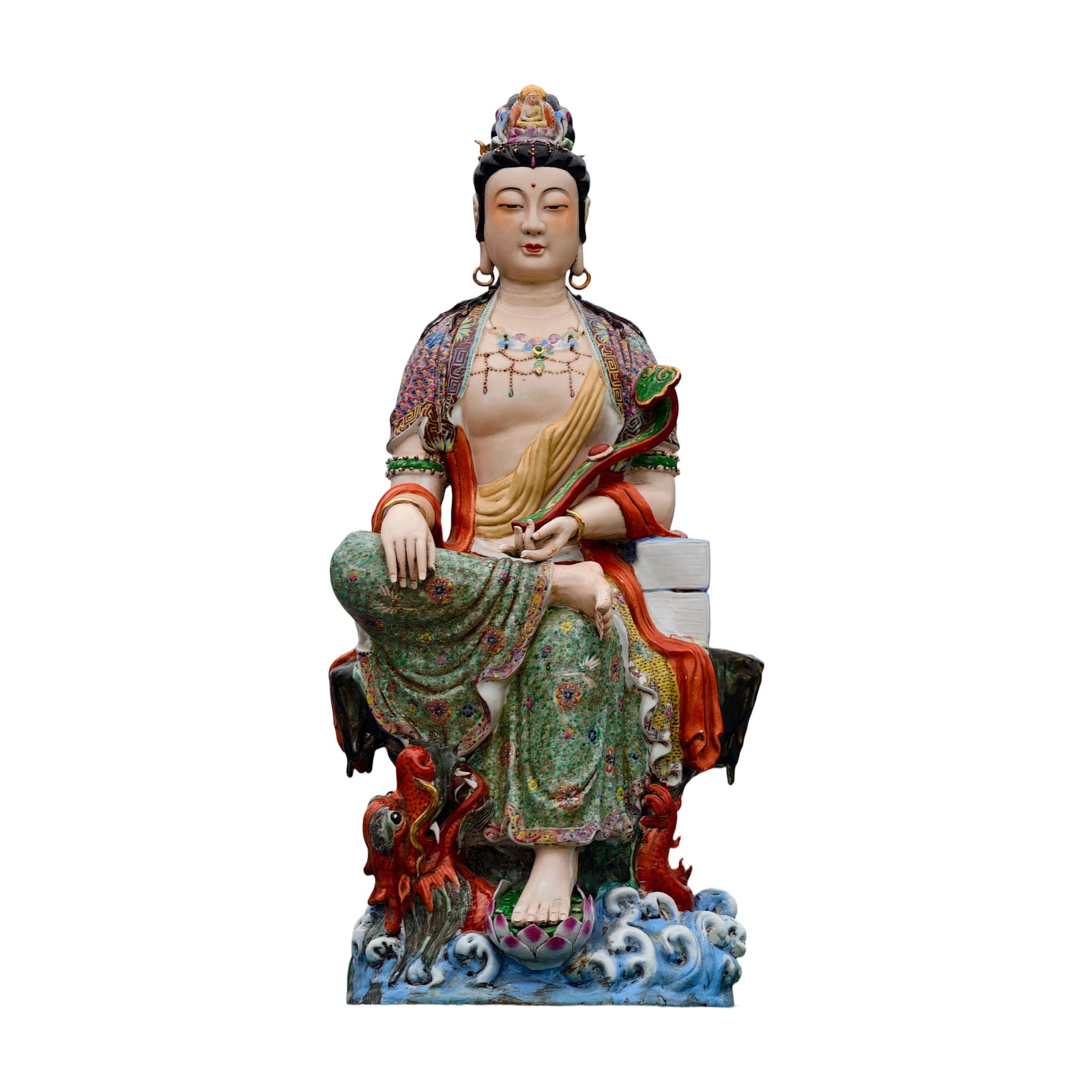 Republic of China Famille Rose Sculpture of Standing Guanyin: The sculpture meticulously captures the expression, with drapery that is light, flowing, and naturally cascading, revealing the graceful yet powerful form of the bodhisattva. The proportions are