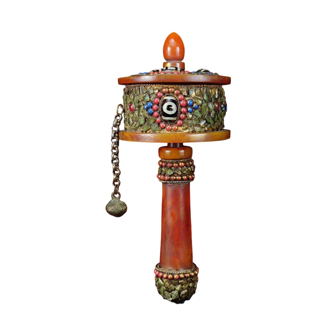 Tibetan Old Amber Prayer Wheel: This Tibetan old amber prayer wheel is meticulously handcrafted, inlaid with gemstones, turquoise, and dzi beads, containing scriptures inside, reflecting rich religious and cultural significance.(Hei