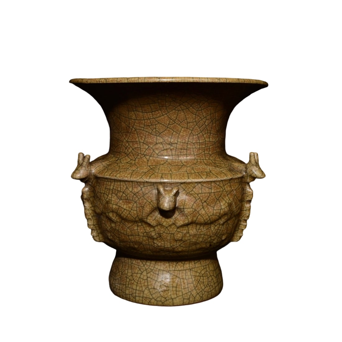 Song Dynasty Ge Kiln Imperial Ritual Zun with Flanges: This Song Dynasty Ge Kiln imperial ritual zun with flanges features an elegant crackle glaze, embodying the unique charm of Song ceramics. Its dignified and elegant shape, with flange design, exudes i