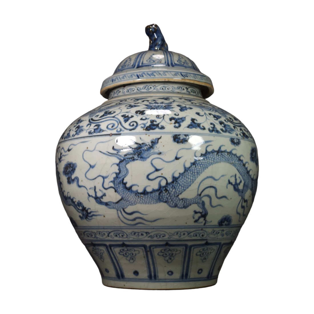 Yuan Dynasty Blue and White Dragon and Phoenix Pattern Jar with Lid: This Yuan Dynasty blue and white jar with dragon and phoenix patterns showcases the grandeur and exquisite craftsmanship of Yuan ceramics. The blue and white hues are rich, with flowing lines, and
