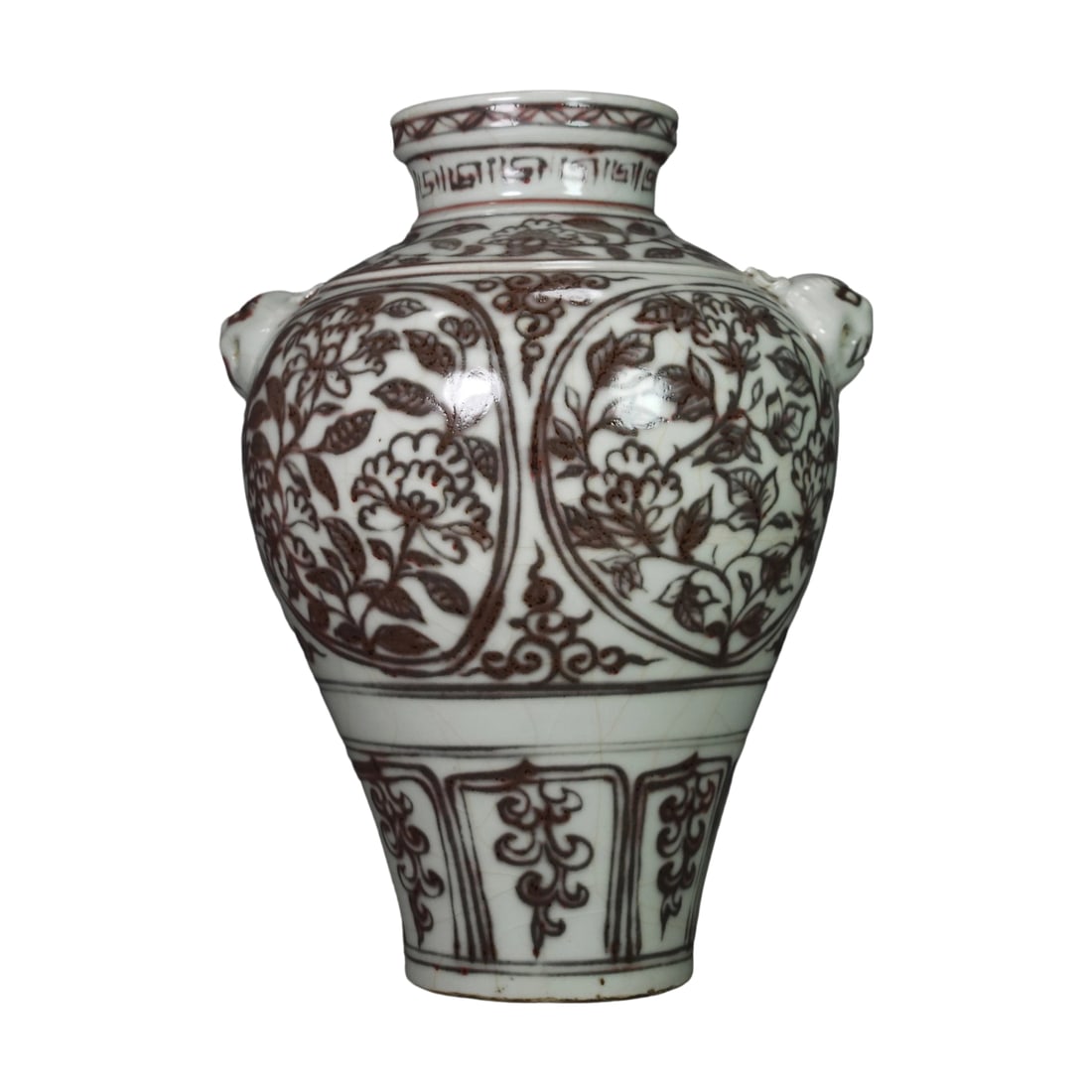 Yuan Dynasty Underglaze Red Lotus Scroll Beast Head Vase: This Yuan Dynasty underglaze red lotus scroll beast head vase showcases extraordinary artistic charm with its unique underglaze red technique. The intricate lotus scroll motifs symbolize