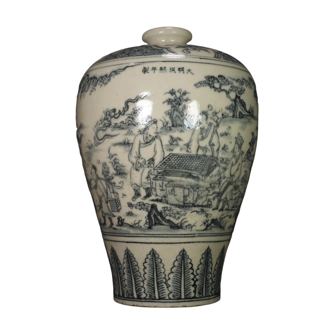 Ming Dynasty Hongxi Period Blue and White Figure Meiping: This Ming Dynasty Hongxi Period blue and white figure meiping is renowned for its exquisite blue and white craftsmanship and vivid depiction of figures. The body of the vase is adorned with scenes of