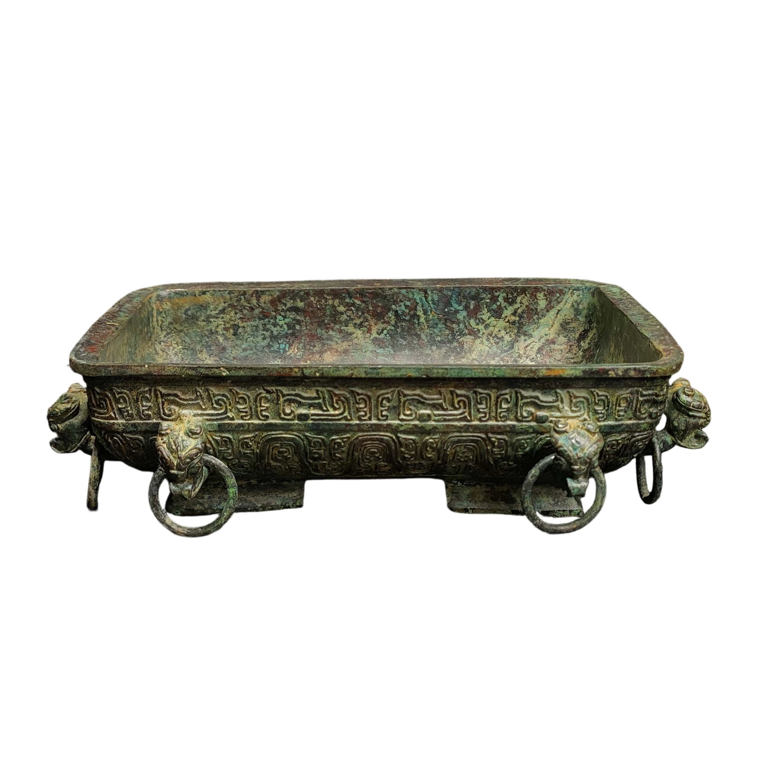 Shang-Zhou Bronze Rectangular Basin: This bronze rectangular basin, popular during the Shang-Zhou period, was often used as a water vessel or to support ritual objects. The piece is rectangular in shape, with a stable and regular form, a
