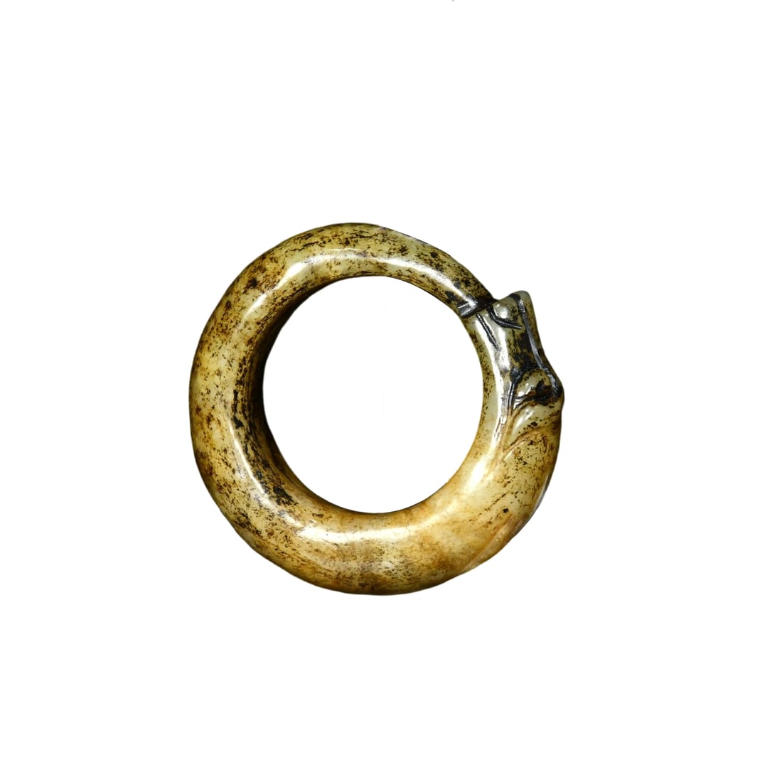 Hetian Jade Dragon Biting Tail Ring: This Hetian jade ring features a single dragon biting its tail, crafted in a seamless circular form. The dragon's head is simplified, with its mouth holding the other end of the ring, creating a