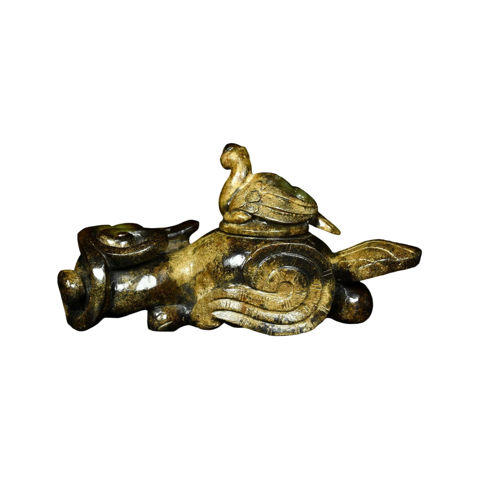Hetian Jade Beast-shaped Phoenix Bird Censer: This Hetian jade censer features a beast-shaped design with a recumbent auspicious beast, its body stout and crouching, limbs tucked under the belly. The beast's head has cloud-like horns, and the