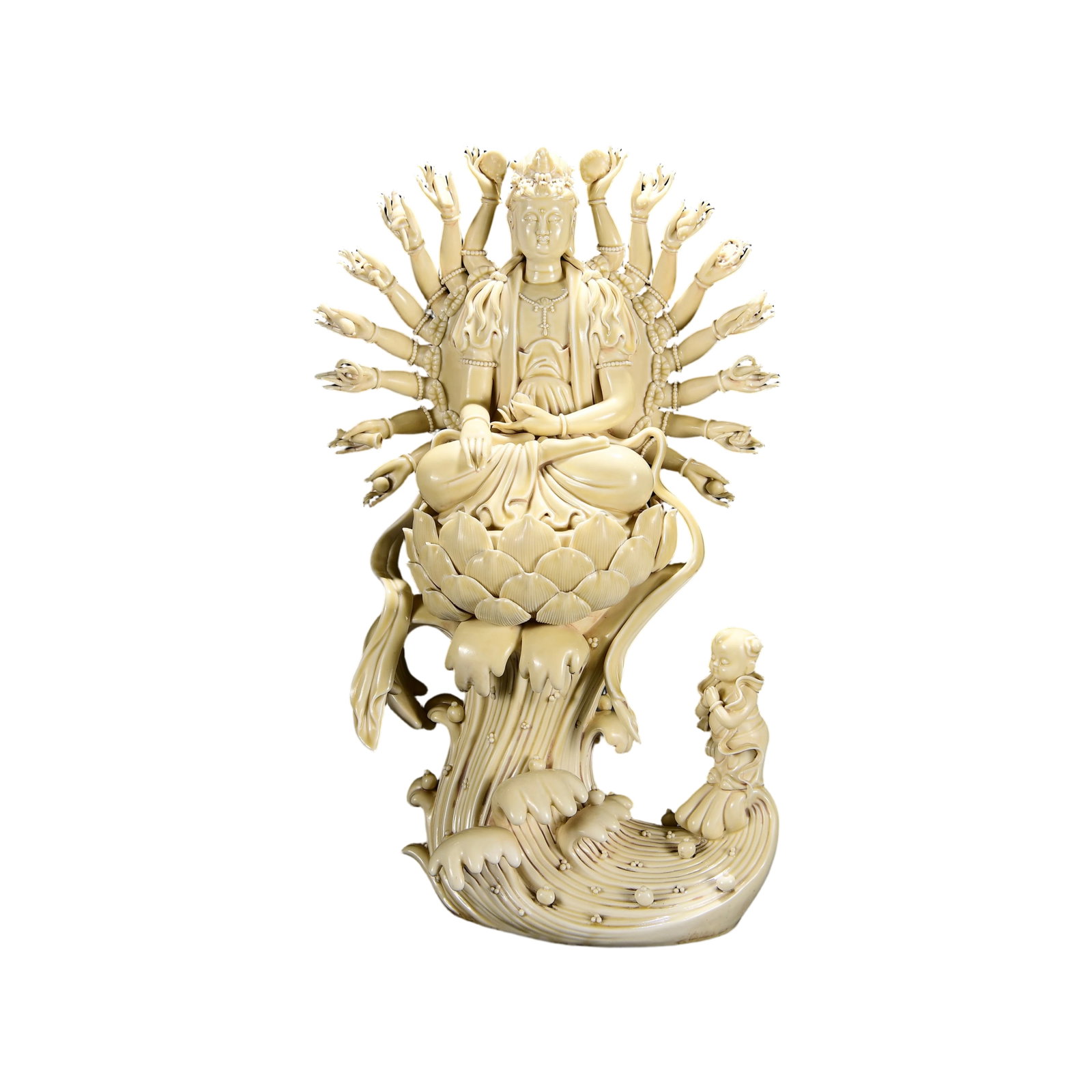 Ming Dynasty Dehua Kiln Thousand-Armed Guanyin Seated on Lotus Statue: This Thousand-Armed Guanyin seated on a lotus statue is crafted by the renowned Ming Dynasty ceramic artist He Chaozong, a classic work of the Dehua kiln. The Guanyin sits gracefully on a lotus pedest