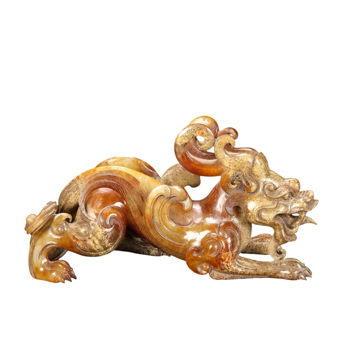 Hetian Jade Mythical Beast: This Hetian jade mythical beast features exquisite craftsmanship and perfect condition. The natural patina and weathering are deeply ingrained, with a thick and ancient patina. The jade is fine and oi