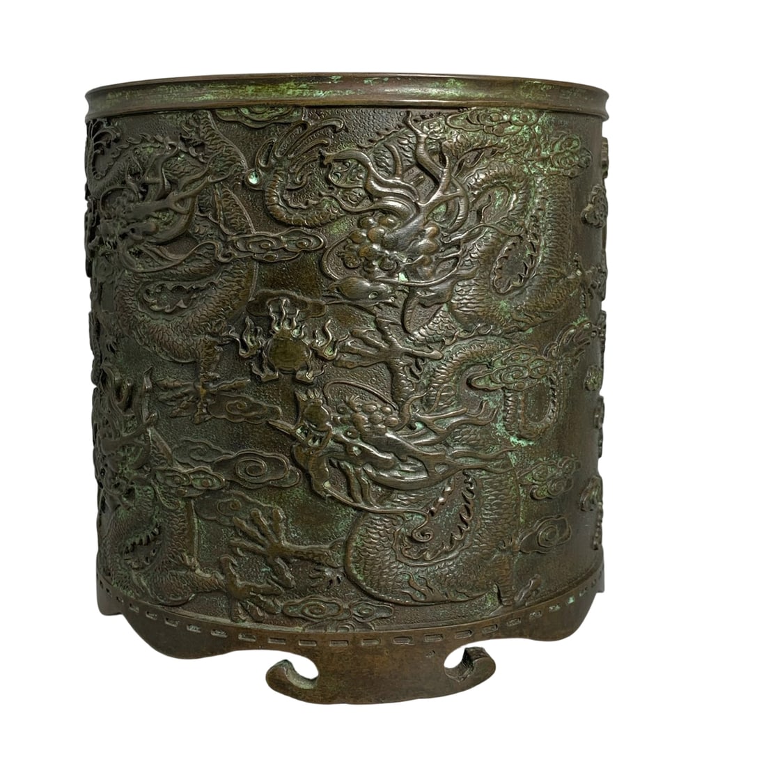 Pure Copper Double Dragon Playing with Pearl Brush Pot (1 of 10)