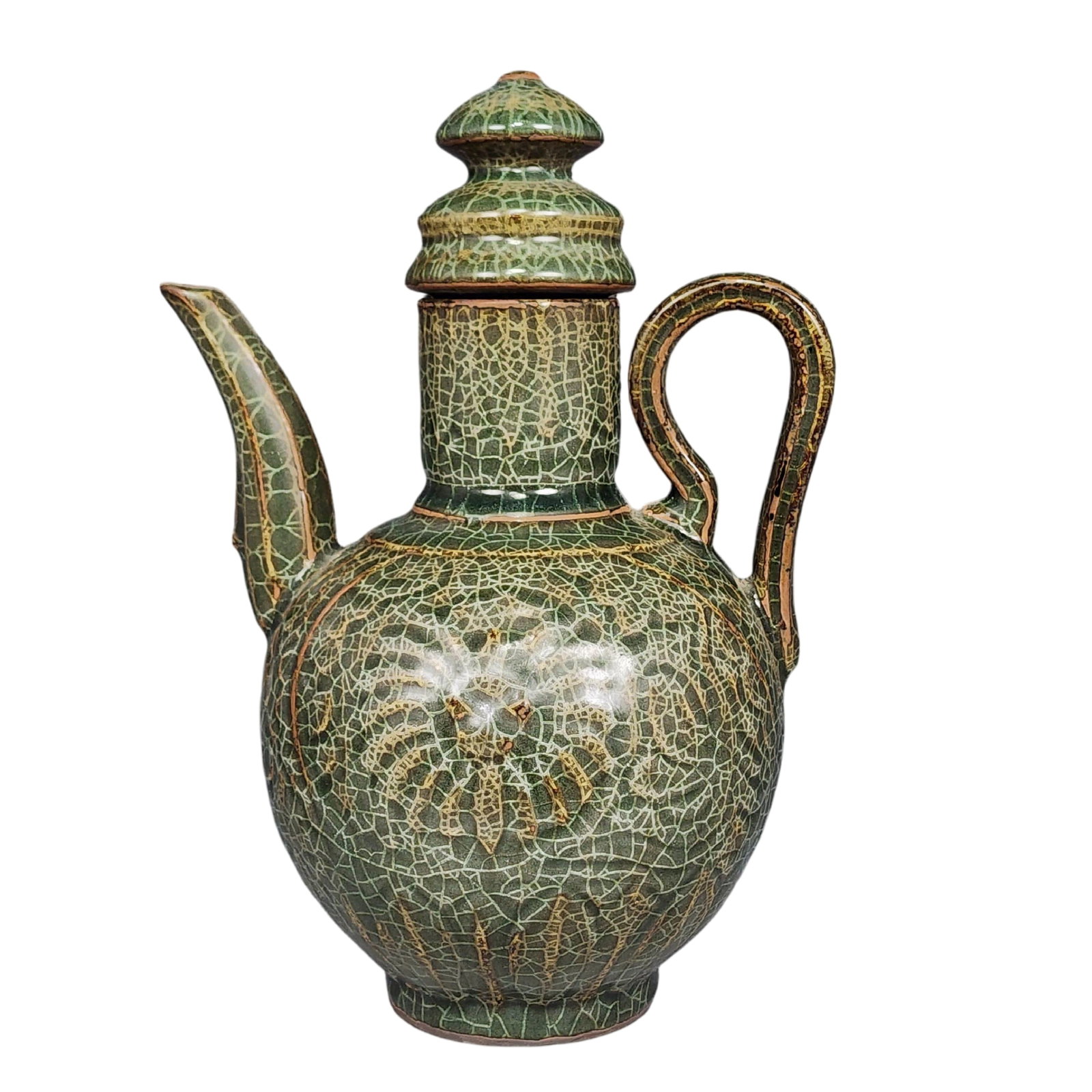 Song Dynasty Xikou Guan Kiln Carved Teapot: This Song Dynasty Xikou Guan kiln carved teapot showcases the exquisite carving craftsmanship and unique glaze color, reflecting the superb artistry of Song Dynasty ceramics. The teapot features