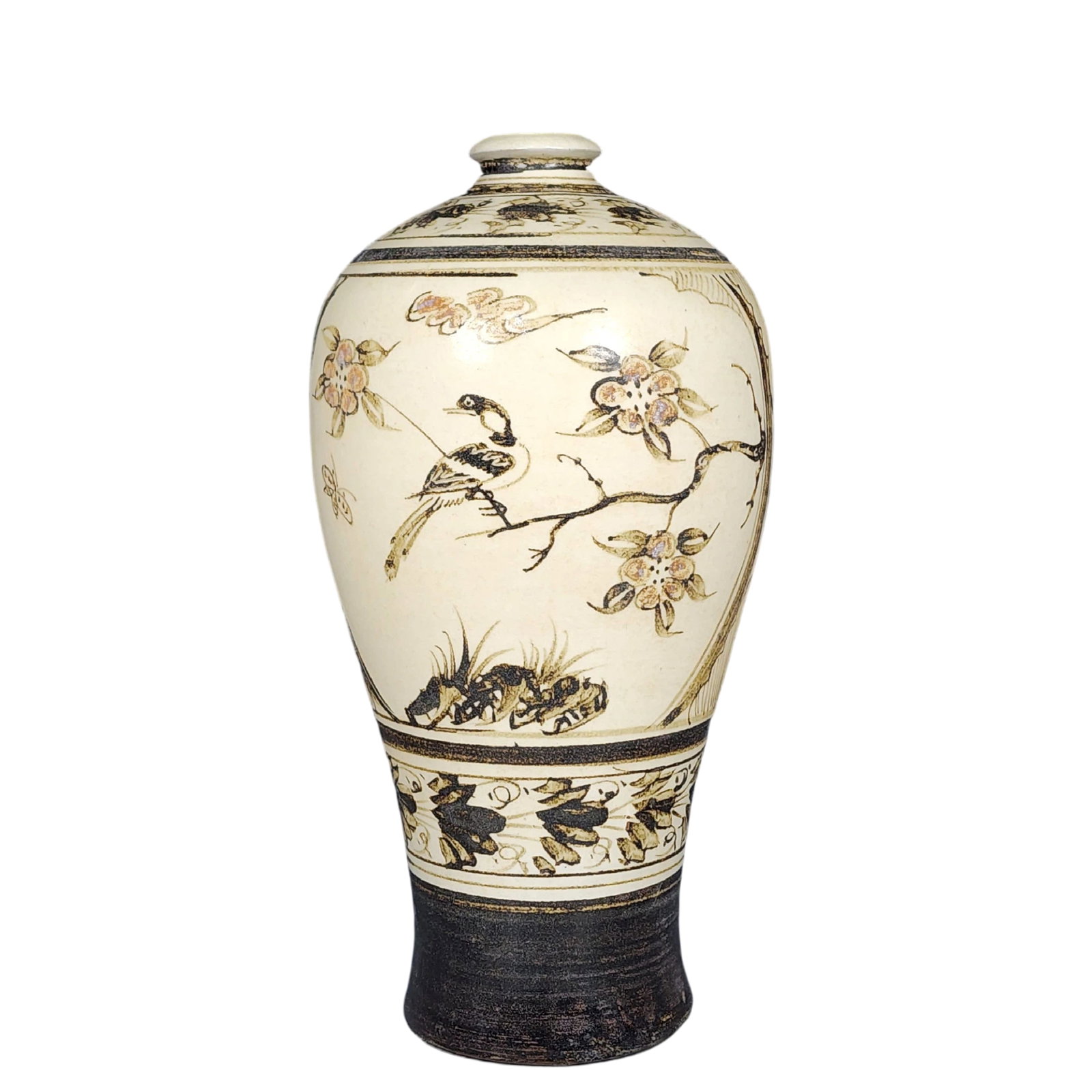Song Dynasty Cizhou Kiln Flower and Bird Pattern Meiping: This Song Dynasty Cizhou kiln meiping, with its elegant flower and bird patterns, exudes an ancient artistic charm. The vividly detailed flower and bird motifs on the bottle showcase the superb