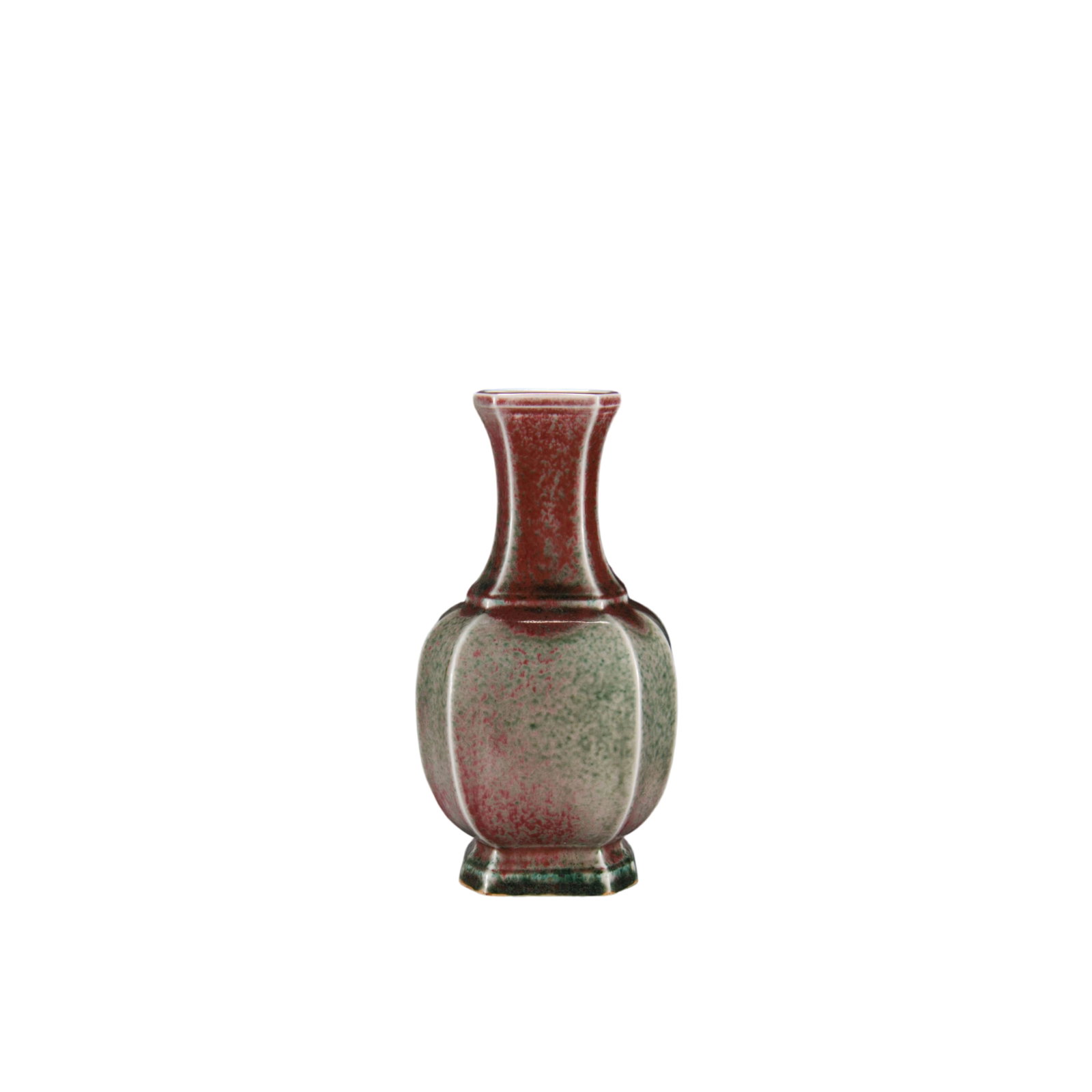 Kangxi Period Langyao Red Glazed Hexagonal Long Neck Vase: A Kangxi period Langyao red glazed hexagonal long neck vase, showcasing unique glaze variations and exquisite craftsmanship, embodying the artistic charm of Qing dynasty porcelain. The vase features a
