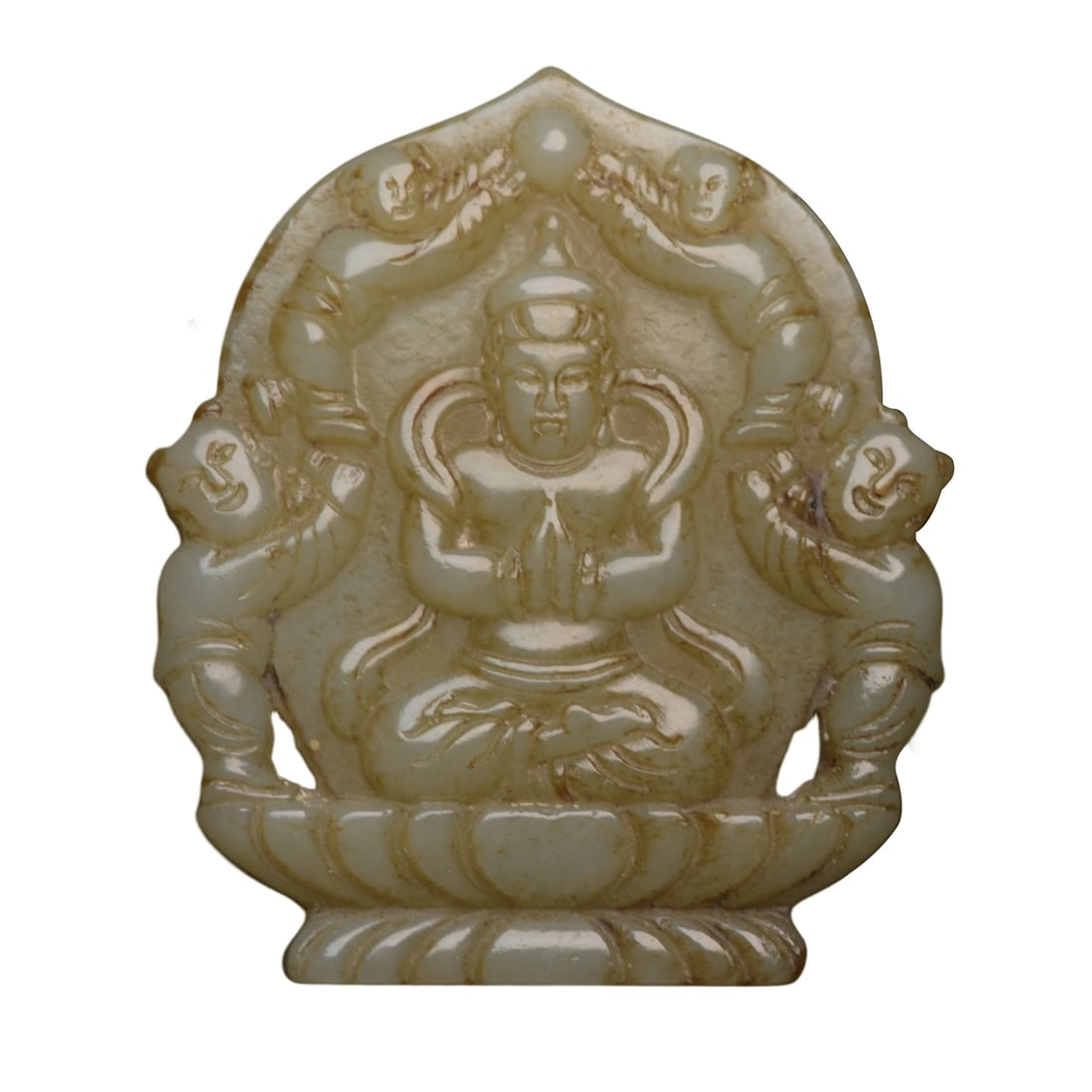 Hetian Jade Guanyin: This Hetian Jade Guanyin is exquisitely carved with smooth lines and a fine, warm texture, showcasing the superb craftsmanship of traditional techniques. (6.3x5.6x1.1 cm, weight 76g)