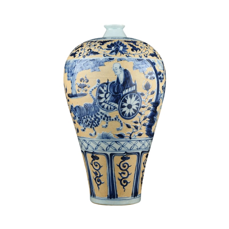 Yuan Dynasty Blue and White Guiguzi Descending the Mountain Vase: This Yuan Dynasty blue and white vase originates from Baihu Gu kiln, featuring the classic relief design of Guiguzi descending the mountain, vividly depicted. The blue and white colors are vibrant, an
