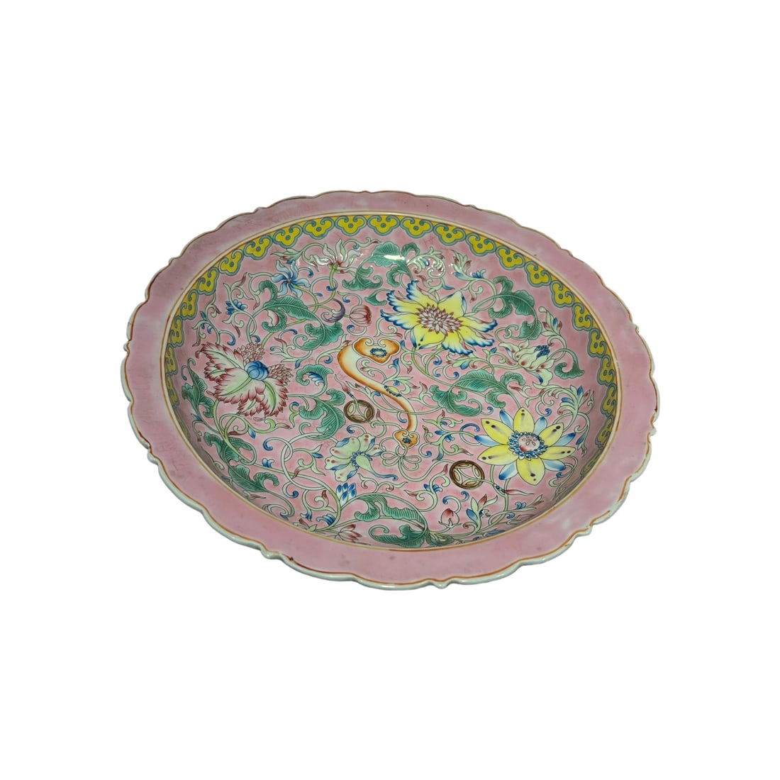Famille Rose Enamel Pink Ground Ruyi Floral Plate: This Famille Rose enamel plate features a pink ground with Ruyi floral motifs. The glaze is rich and the body is surrounded by intricate floral designs. The fine crackle adds an antique charm. (Height