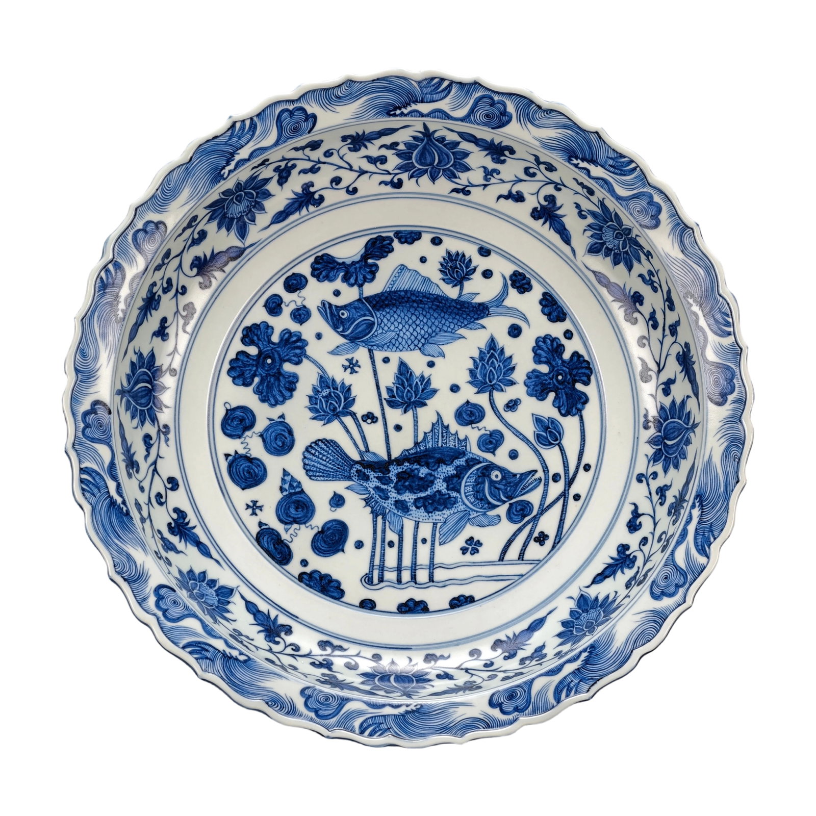 Early Ming Blue and White Lotus Pond Fish and Algae Pattern Lobed Rim Plate (1 of 10)