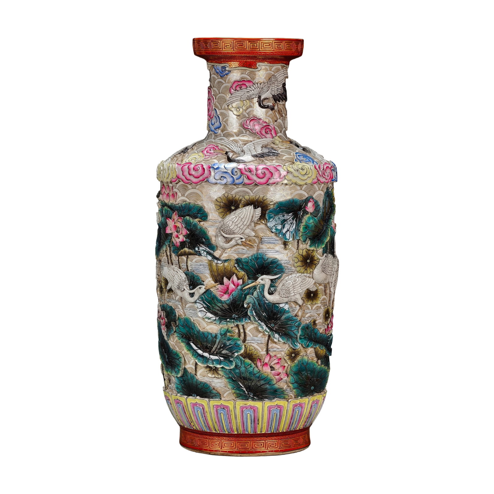 Yongzheng Period Famille Rose Relief 'Yi Pin Qing Lian' Mallet Vase: This mallet vase is an elegant creation from the Yongzheng period, featuring iron-red and gilt borders with turquoise glaze inside the mouth. The tall and graceful form is adorned with deep relief car