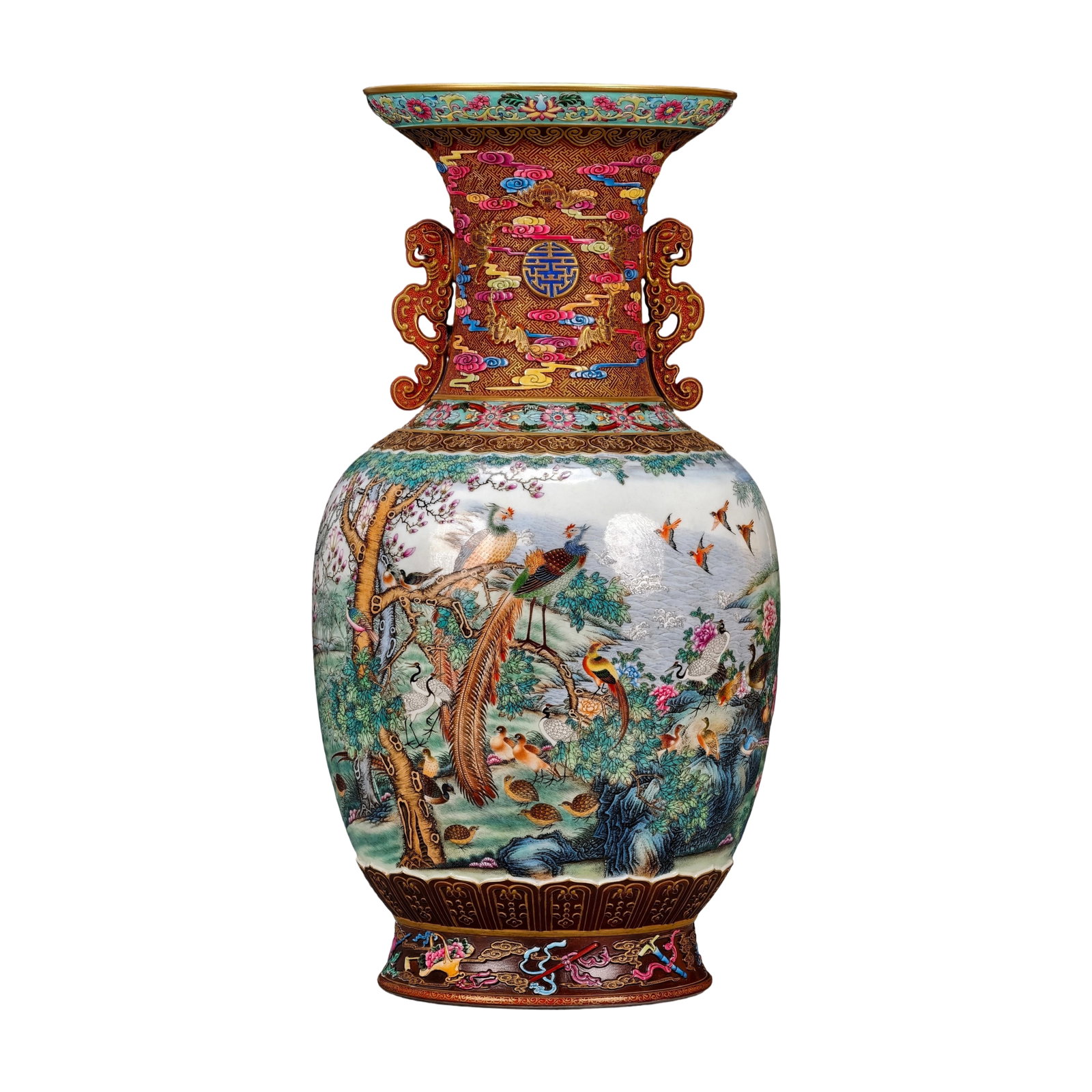 Qianlong Enamel Famille Rose 'Hundred Birds Facing the Phoenix' Vase with Handles: This vase from the Qianlong period is a masterpiece of enamel famille rose, featuring a dignified and upright form with a flared mouth and long neck. The dragon handles are intricately carved and gild