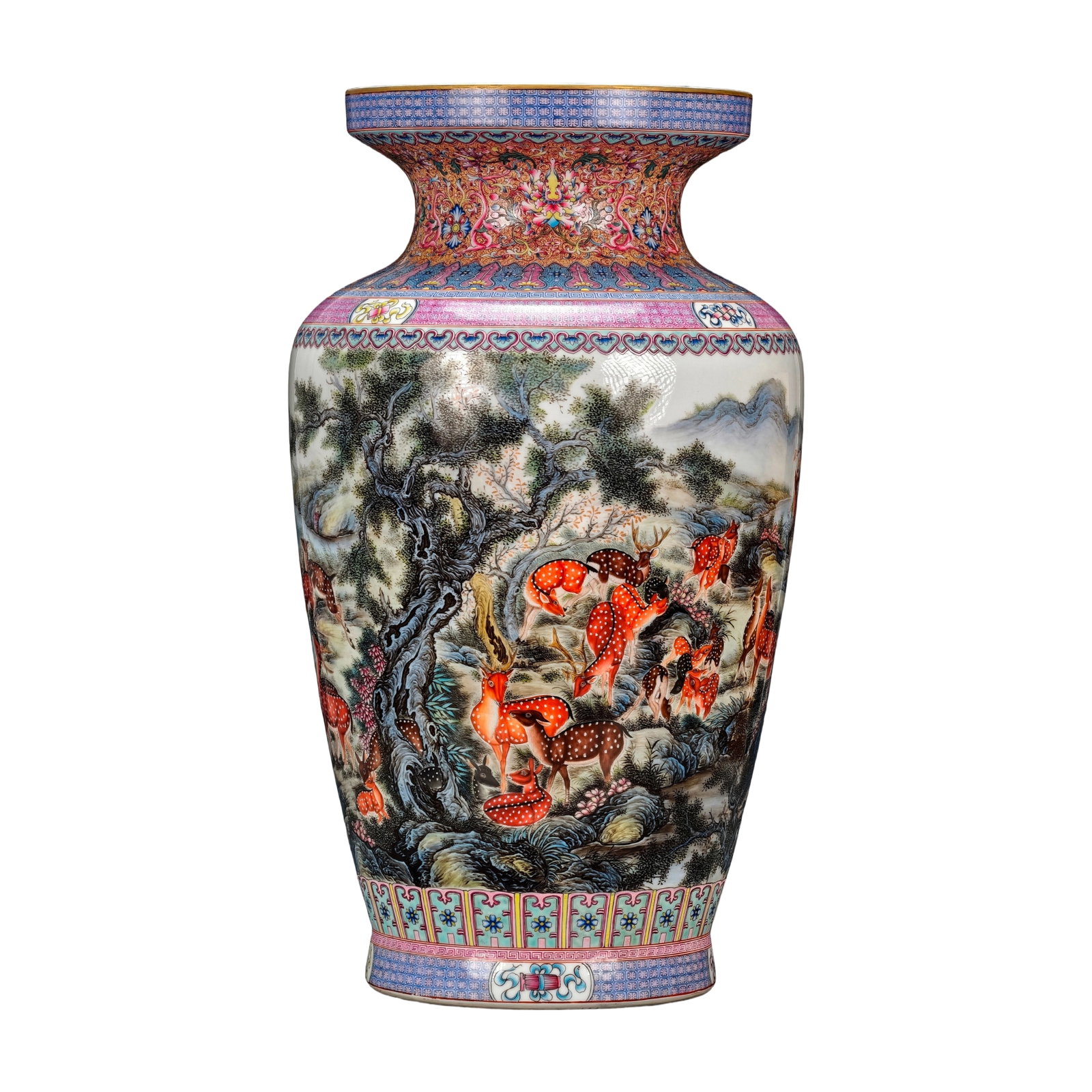 Qing Dynasty Qianlong Famille Rose Hundred Deer Pattern Large Vase with Everted Rim (1 of 10)