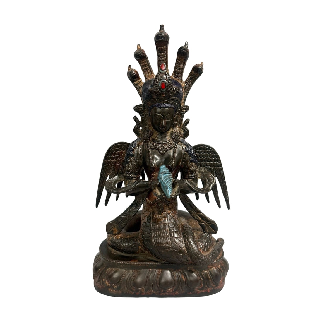 Old Bronze Nagarjuna and Snake Mother Buddha Figurine: This old bronze Nagarjuna and Snake Mother Buddha figurine features a vivid design and exquisite craftsmanship. The bronze is heavy with a natural patina, and the figures are intricately detailed with