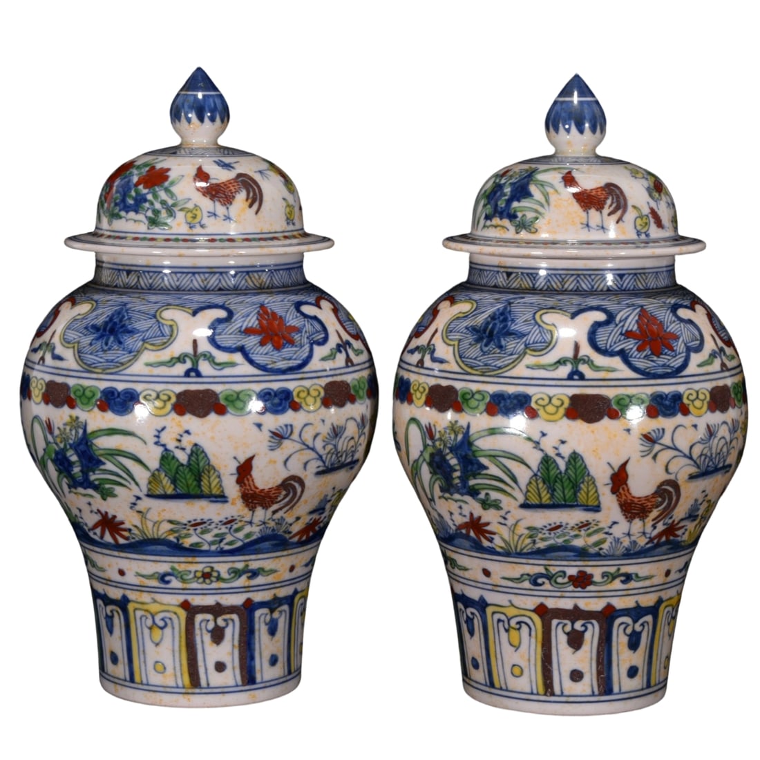 Ming Chenghua Red Body Doucai Chicken Pattern General Jar: This Ming Chenghua period red body doucai chicken pattern general jar showcases the exceptional artistic achievements of Ming dynasty ceramics with its exquisite craftsmanship and vivid colors. The ja