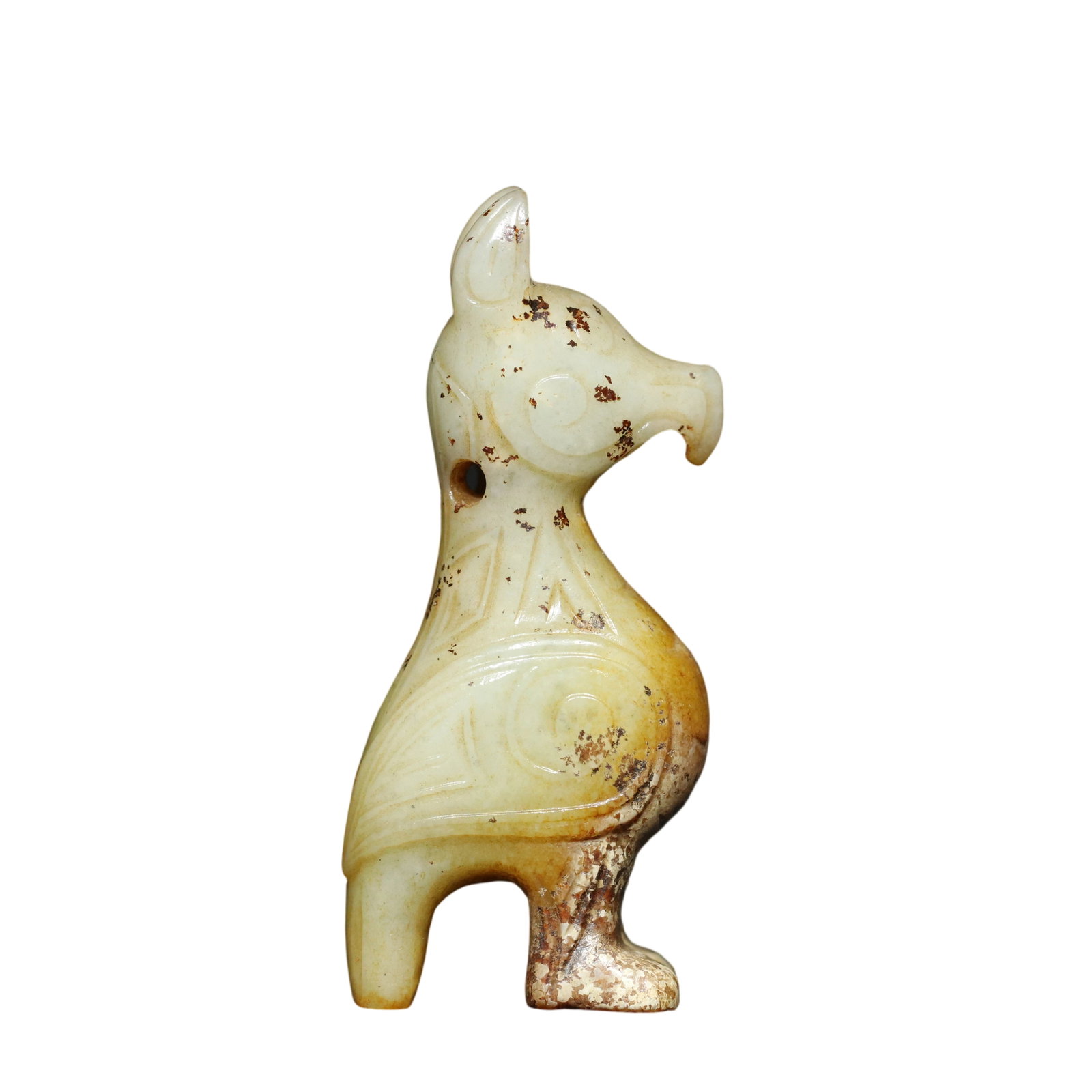 Shang-Zhou Hetian Jade Owl Pendant: This Shang-Zhou period Hetian jade owl pendant features exquisite craftsmanship and fine jade quality, with a patina that speaks to its age. The detailed work reflects the high skill of ancient artisa