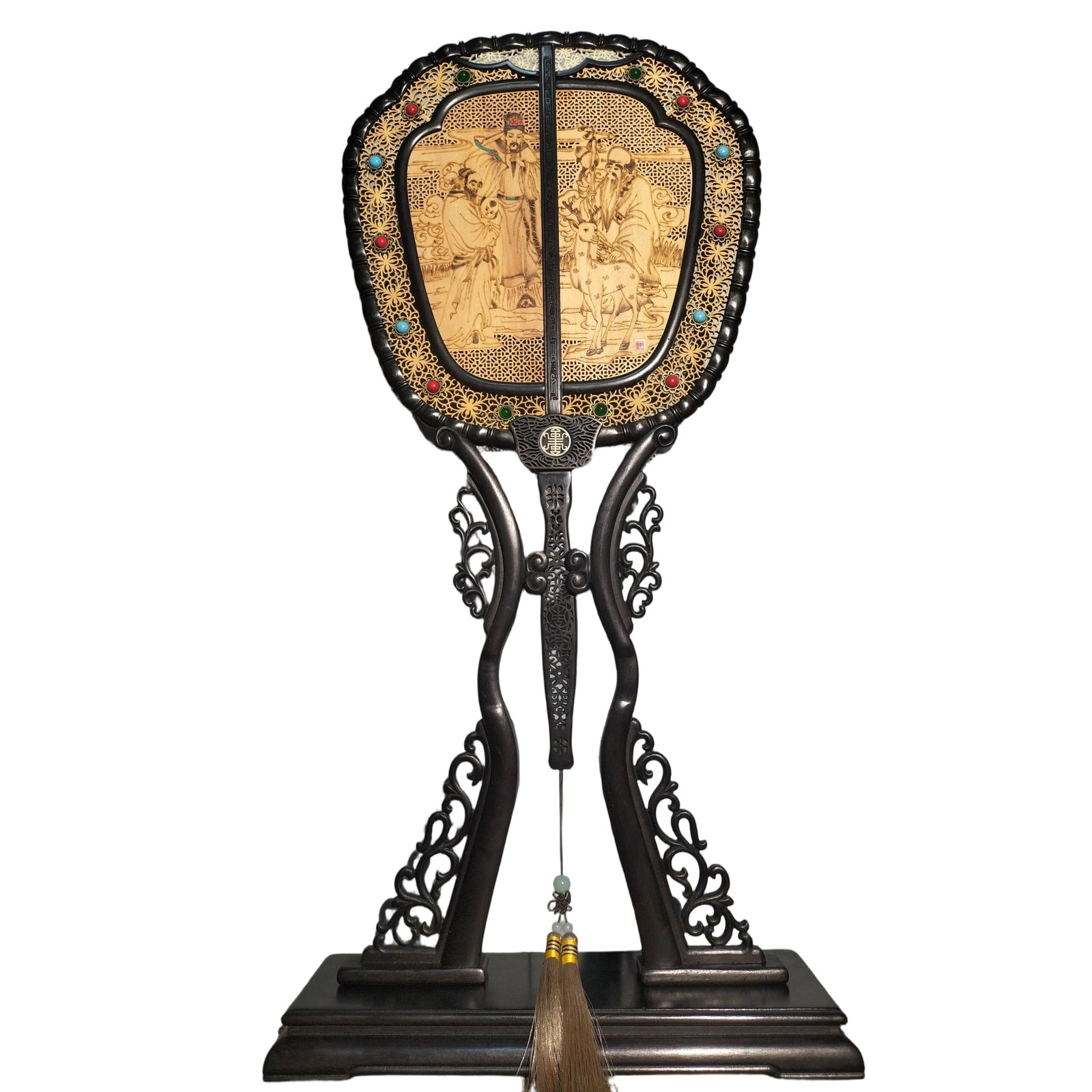 Early Collection Ebony and Sandalwood Inlaid Gem Palace Fan Screen Ornament: This screen ornament is primarily made of old ebony, inlaid with sandalwood and gems, showcasing exquisite craftsmanship. The openwork carving depicts the 'Fortune, Prosperity, Longevity, and Happines