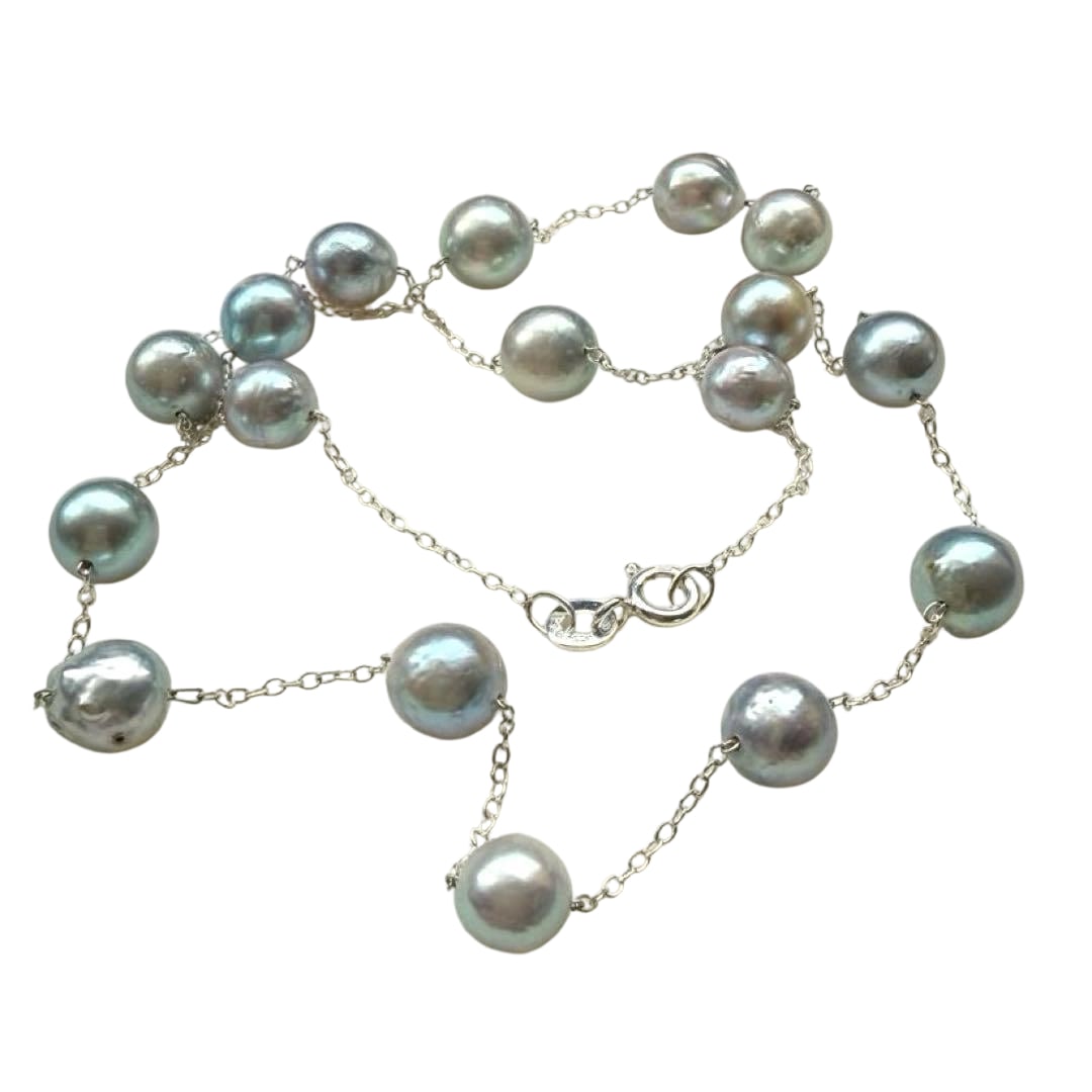 Natural Pearl Blue Series SV925 Necklace: Natural Pearl Blue Tone SV925 Necklace Featuring semi-round pearls measuring 6-7mm. The charming colors of silver, blue, and pink create a simple impression in this station-style necklace of moderate 