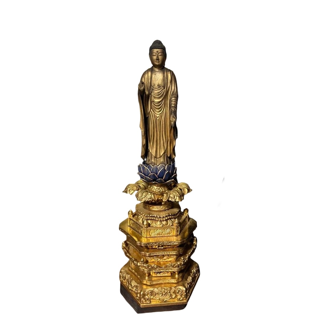 Amitabha Buddha Statue, Wood Carving, Over 100 Years Old: This Buddha statue has been passed down as a family heirloom for over 100 years. Height of the Buddha statue Approximately 26 cm From base to full length Approximately 54 cm Width of the Buddha statue
