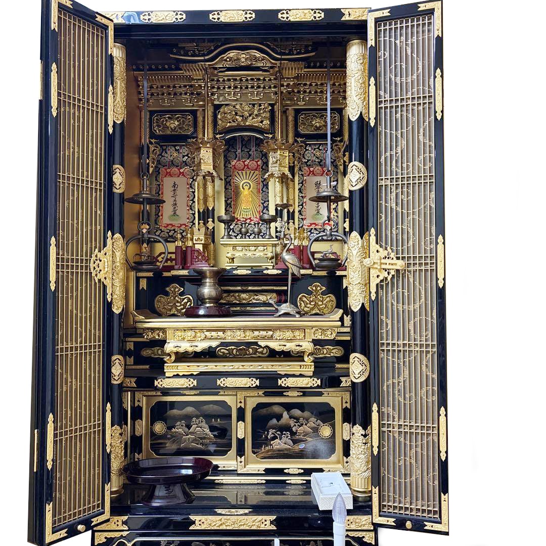 Gilt Buddha Altar Traditional Craft Lacquer Coating Makie Accompanied by a Set of Buddhist: This is a majestic traditional gold Buddha altar, adorned with exquisite maki-e and lacquer finish. Style: Gold Buddha Altar Decoration: Maki-e on the lower door panels Finish: Lacquer with gold leaf 