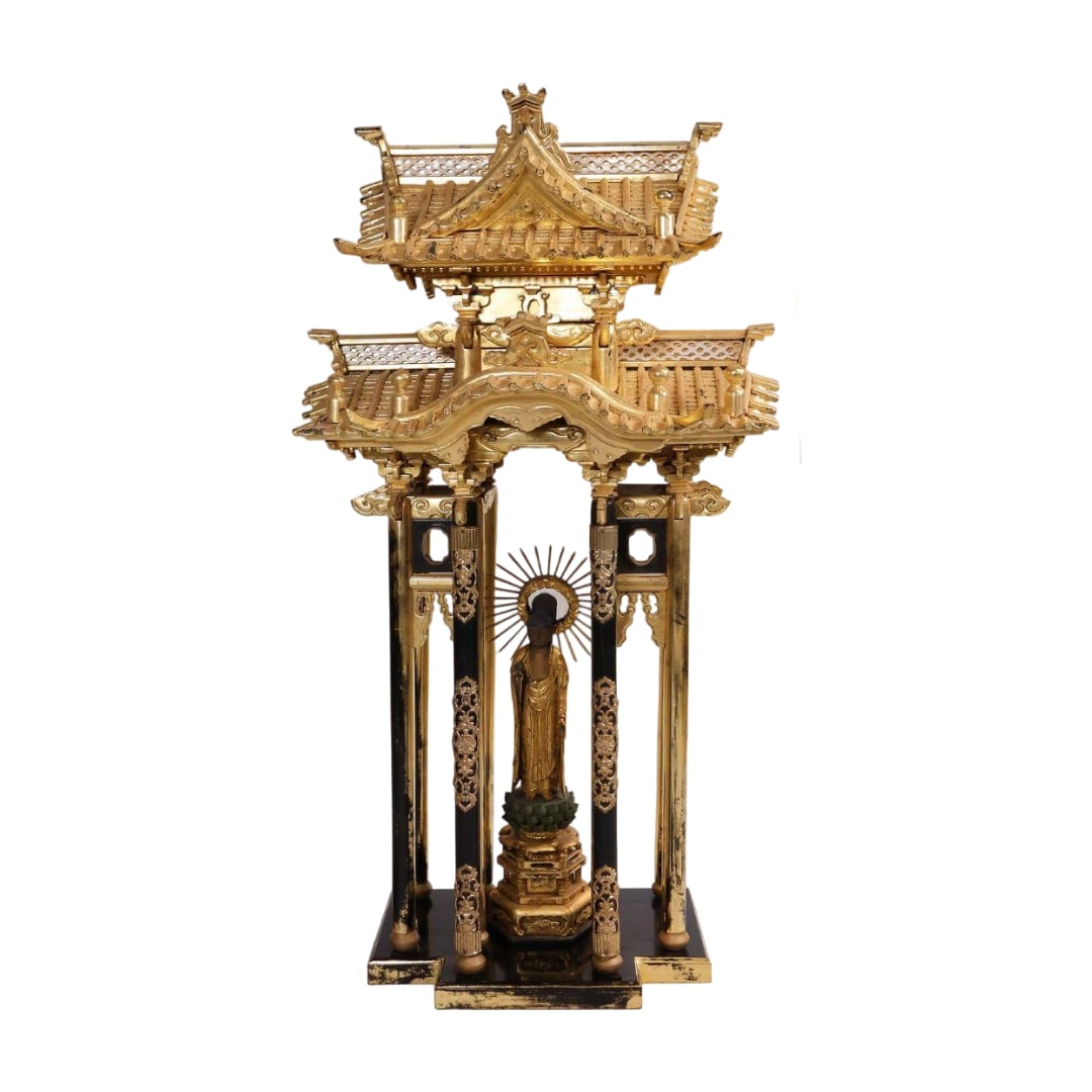 Period Wooden Amida Nyorai Standing Statue with Zushi (Buddhist Statue): Buddha Statue Dimensions Overall Height: Approximately 33.7 cm Main Image Height: Approximately 16.3 cm Base Width: Approximately 10 x 8 cm Weight: Approximately 237 g Buddhist Altar Dimensions Height
