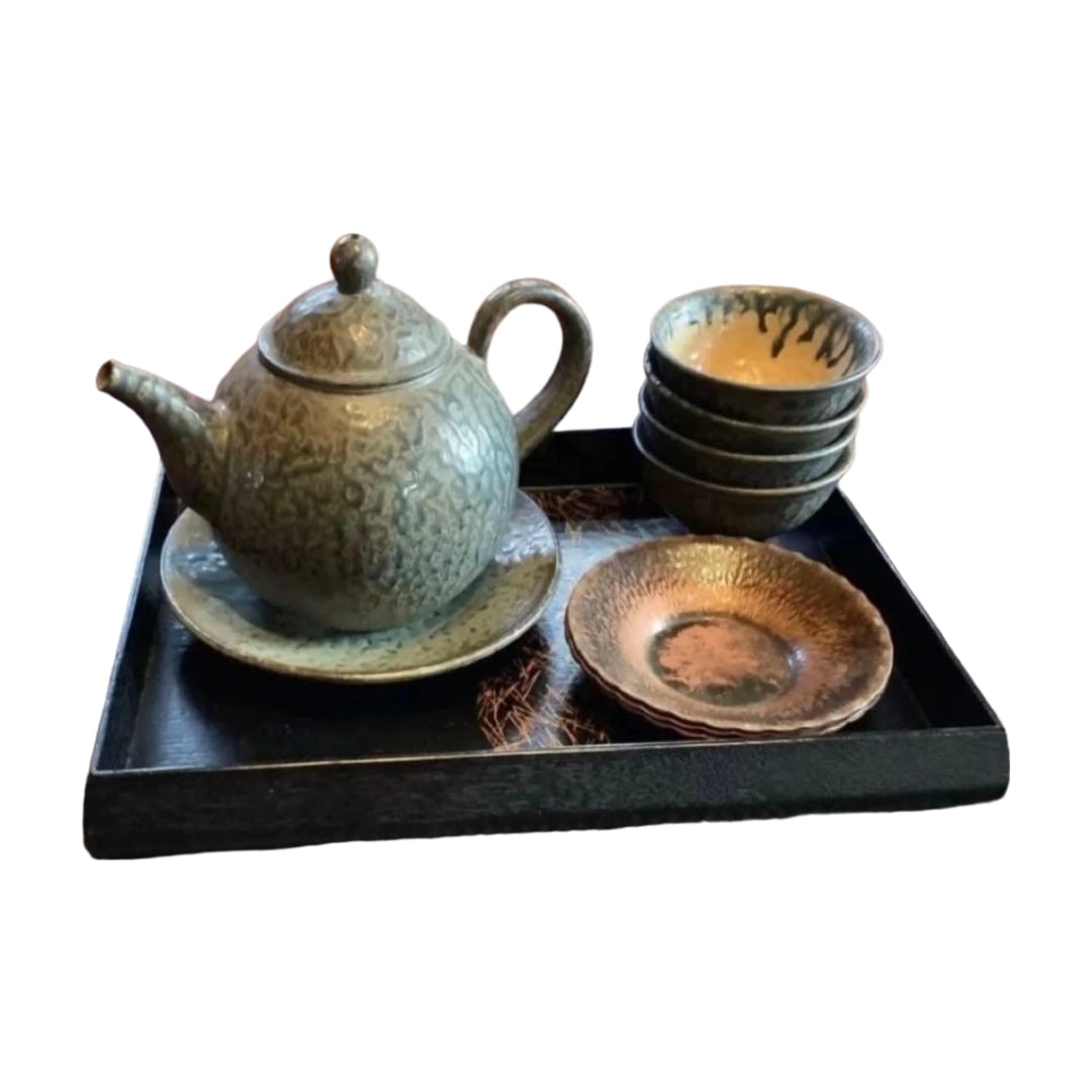 Unused 11-piece Set Taiwan Yingge Ding Youfu Work Sea Cucumber Glaze Base Axis Taiwan Tea Utensils: Unused, Extremely Rare Work No. 01, 11-Piece Set, Yingge, Taiwan, by Ding Youfu, Sea Cucumber Glaze Base Axis, Taiwanese Tea Set 1. Sea Cucumber Glaze Yokote Teapot 2. Sea Cucumber Glaze Pot Stand Tra