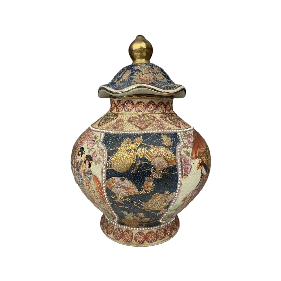Satsuma Incense Burner Satsuma Genroku Bijin-zu Vase: Satsuma Incense Burner, approximately 32 cm in height. Satsuma Genroku Bijin (Beauty) Vase, decorated with gold colors. Antique decorative vessel, large vase, Kinrande (gold brocade) with gold decorat